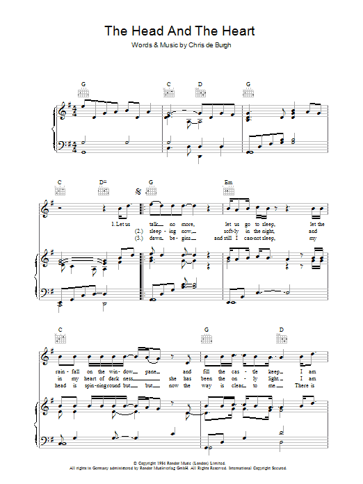 Download Chris de Burgh The Head And The Heart Sheet Music and learn how to play Piano, Vocal & Guitar (Right-Hand Melody) PDF digital score in minutes