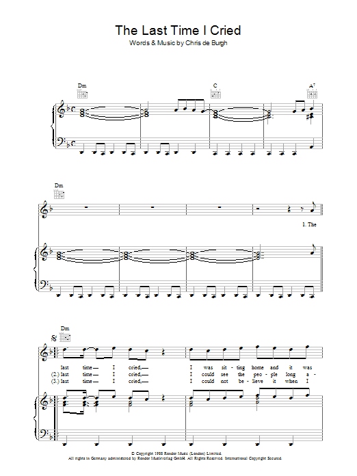 Download Chris de Burgh The Last Time I Cried Sheet Music and learn how to play Piano, Vocal & Guitar (Right-Hand Melody) PDF digital score in minutes