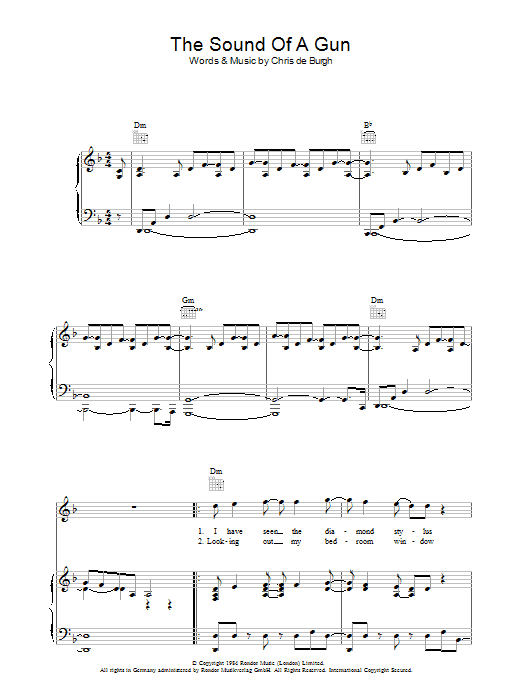 Download Chris de Burgh The Sound Of A Gun Sheet Music and learn how to play Piano, Vocal & Guitar (Right-Hand Melody) PDF digital score in minutes