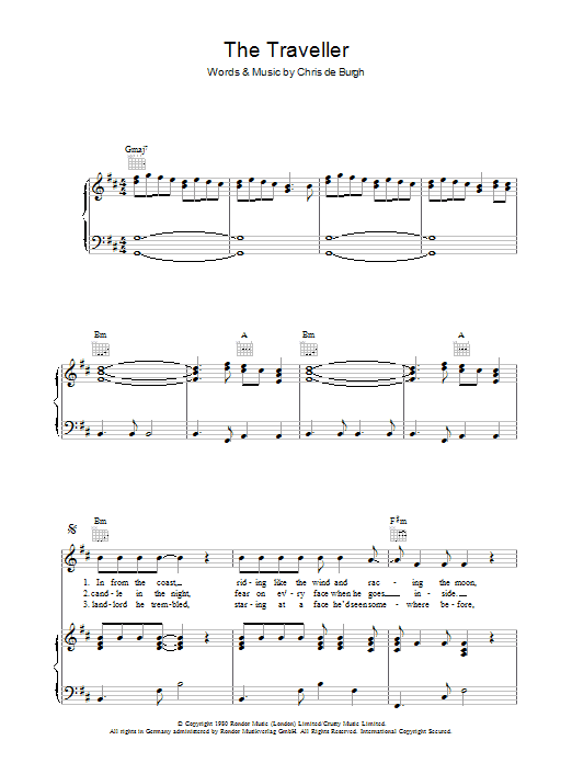 Download Chris de Burgh The Traveller Sheet Music and learn how to play Piano, Vocal & Guitar (Right-Hand Melody) PDF digital score in minutes