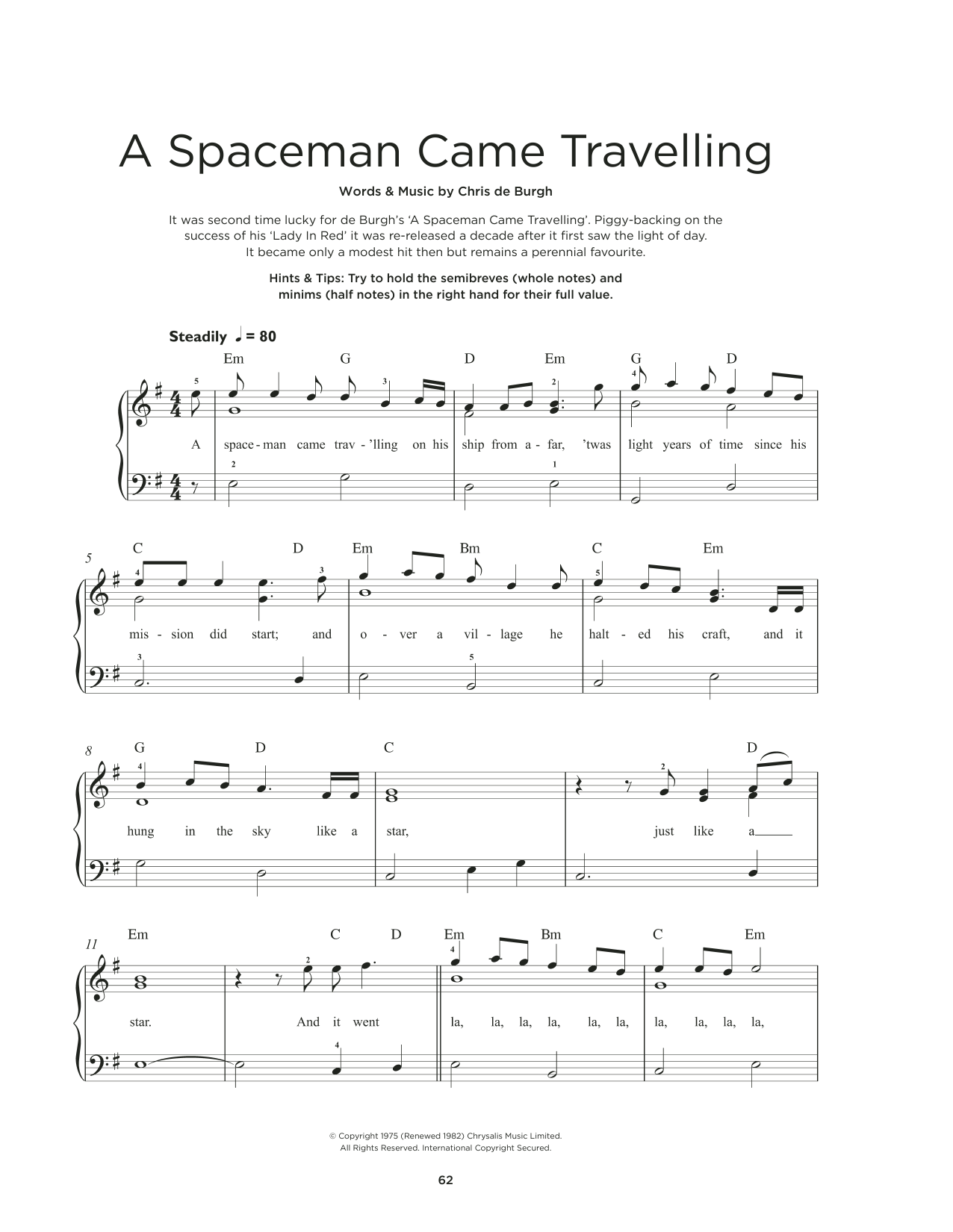 Download Chris DeBurgh A Spaceman Came Travelling Sheet Music and learn how to play Really Easy Piano PDF digital score in minutes