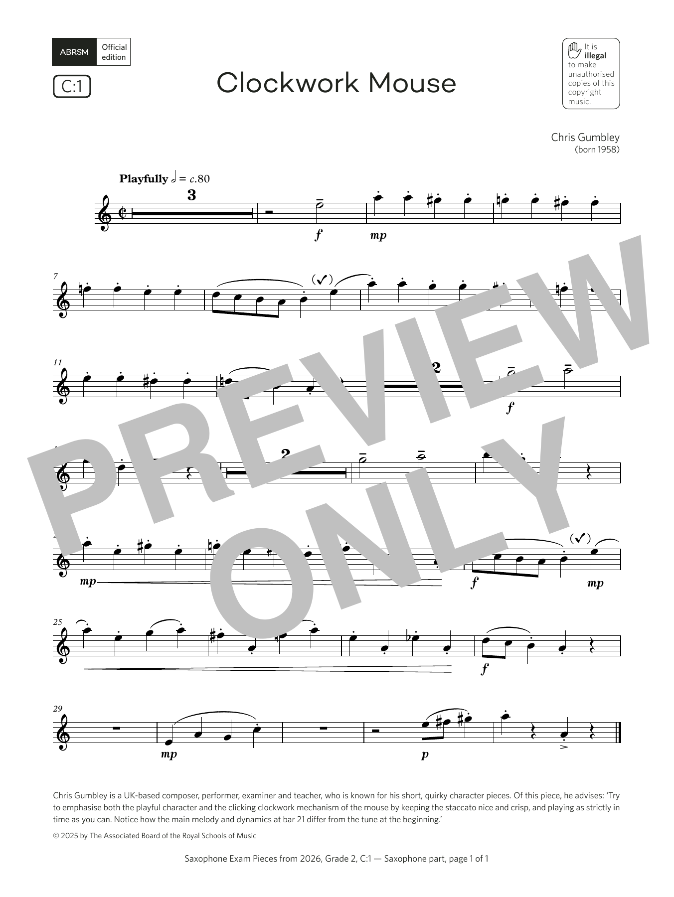 Download Chris Gumbley Clockwork Mouse (Grade 2, list C1, from the ABRSM Saxophone Syllabus from 2026) Sheet Music and learn how to play Alto Sax Solo PDF digital score in minutes