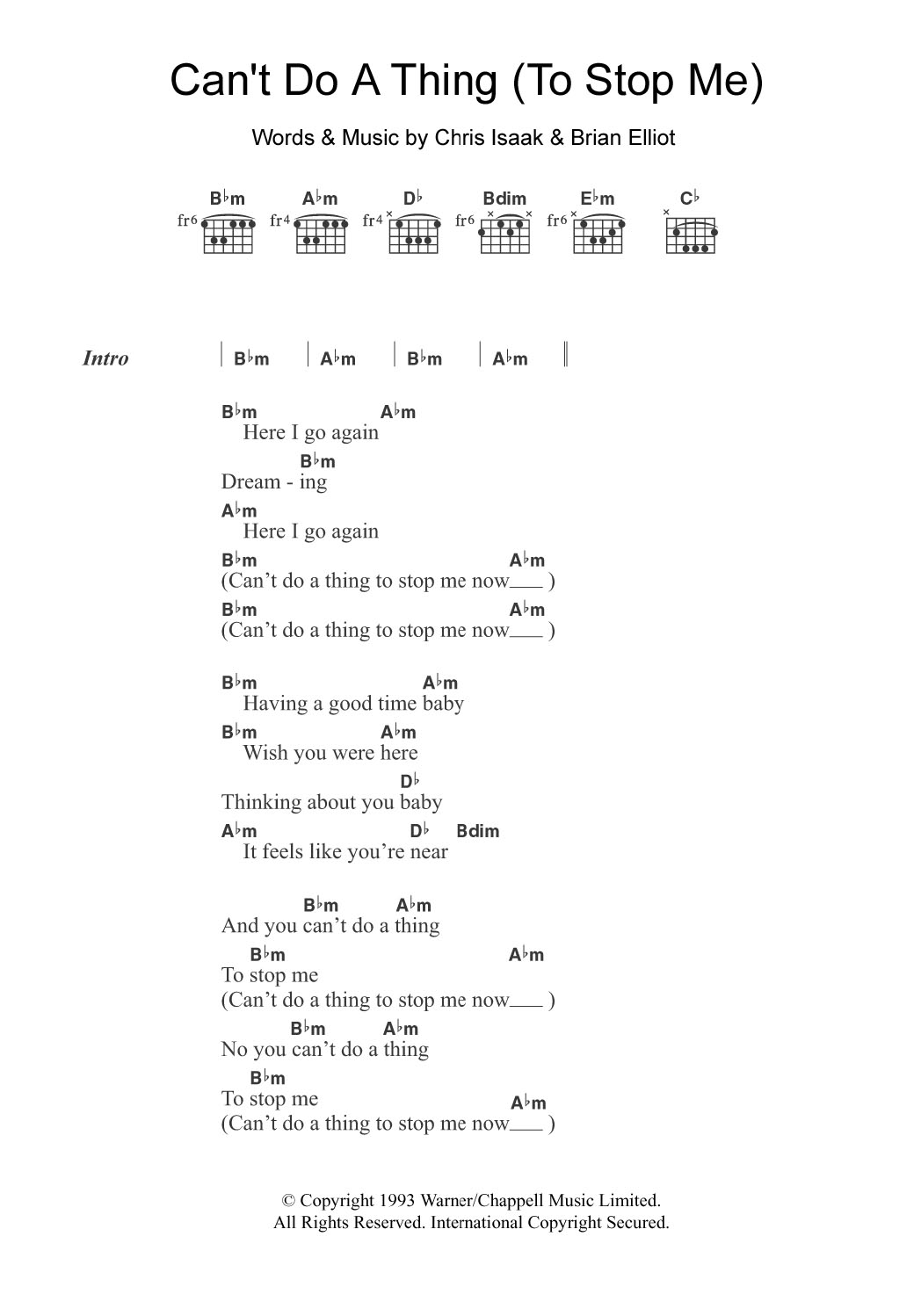 Download Chris Isaak Can't Do A Thing (To Stop Me) Sheet Music and learn how to play Lyrics & Chords PDF digital score in minutes