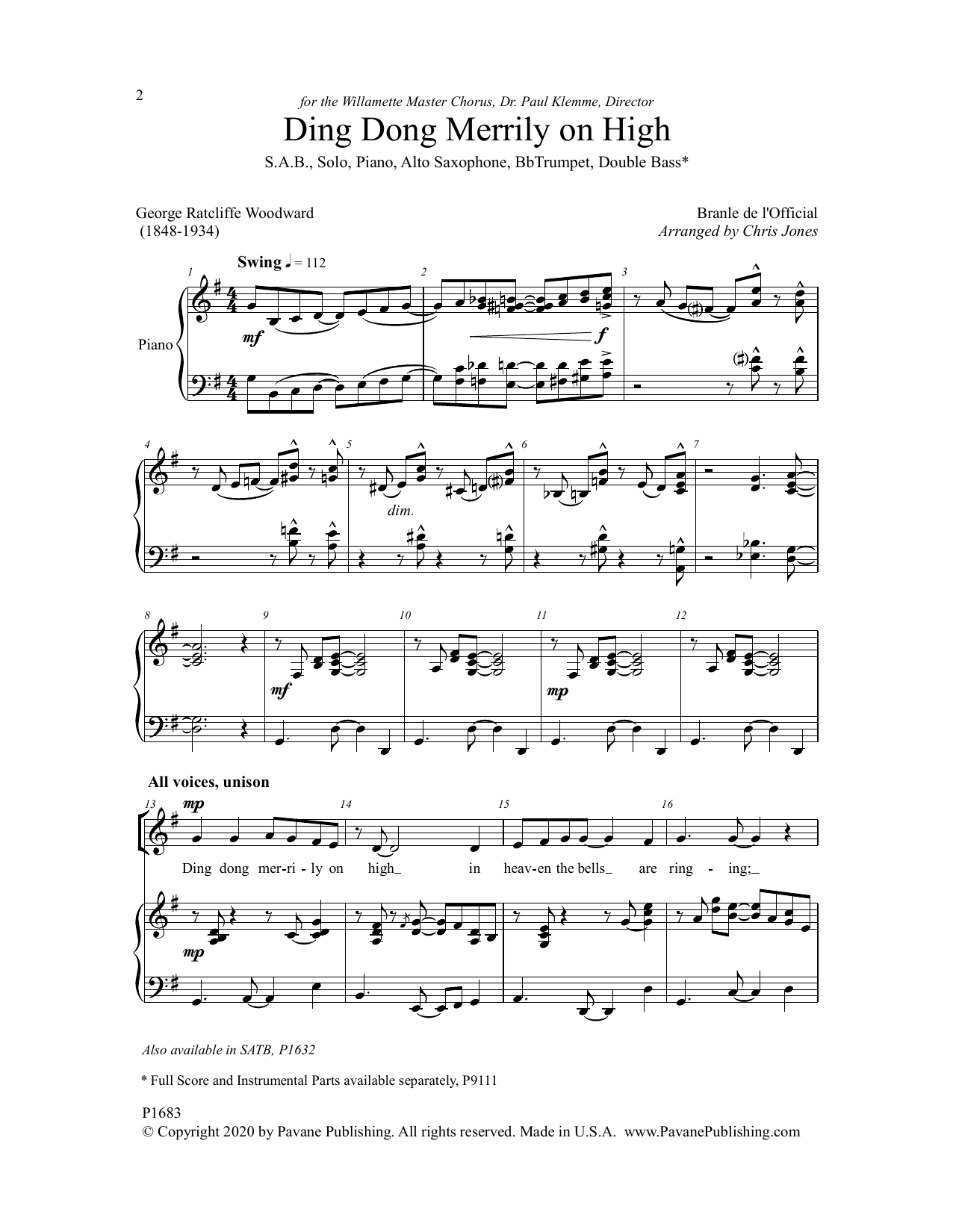 Download Chris Jones Ding Dong Merrily on High Sheet Music and learn how to play SAB Choir PDF digital score in minutes