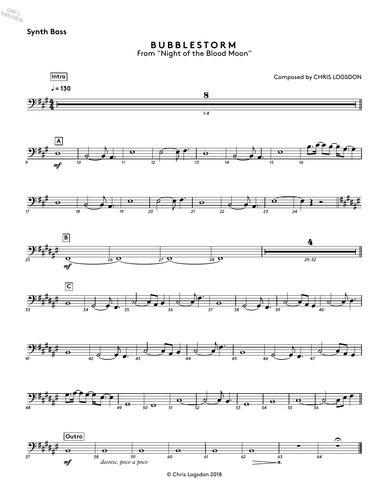 Download Chris Logsdon Bubblestorm (from Night of the Blood Moon) - Synth. Bass Sheet Music and learn how to play Performance Ensemble PDF digital score in minutes