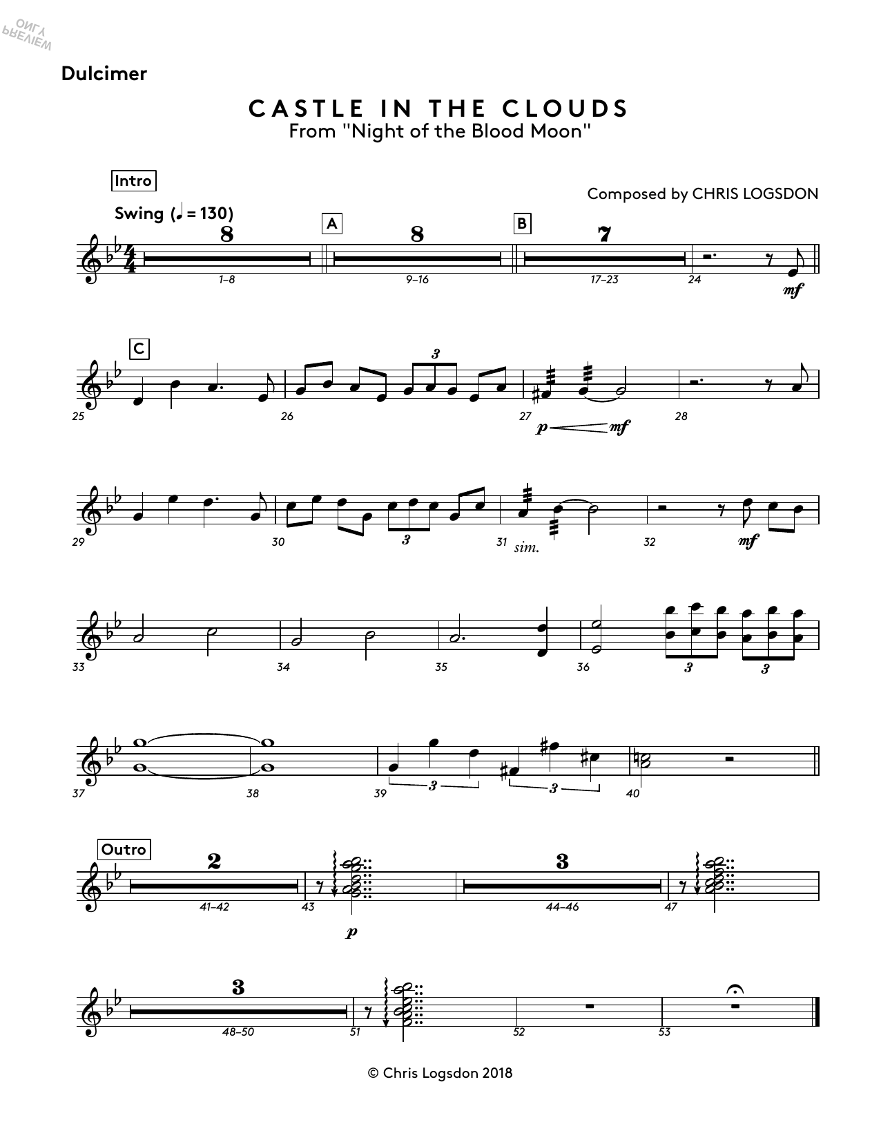 Download Chris Logsdon Castle In The Clouds (from Night of the Blood Moon) - Dulcimer Sheet Music and learn how to play Performance Ensemble PDF digital score in minutes