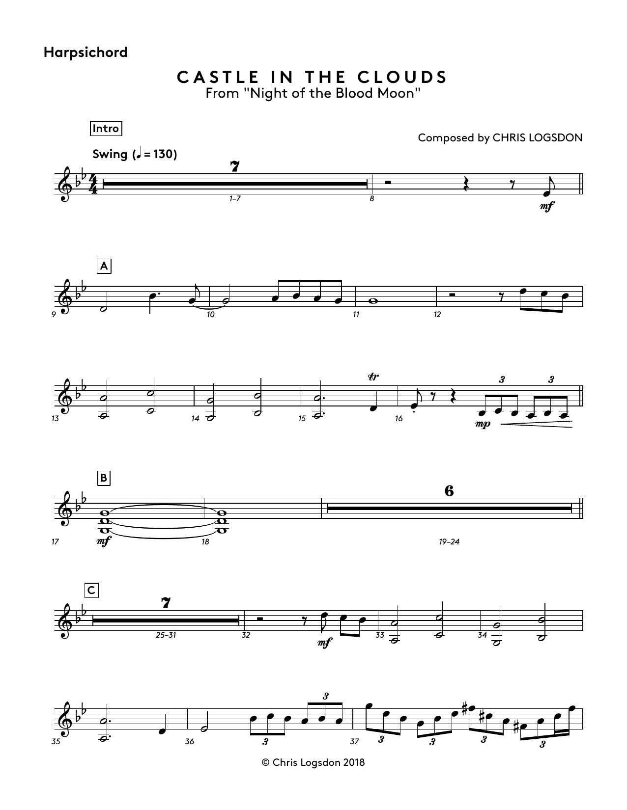 Download Chris Logsdon Castle In The Clouds (from Night of the Blood Moon) - Harpsichord Sheet Music and learn how to play Performance Ensemble PDF digital score in minutes