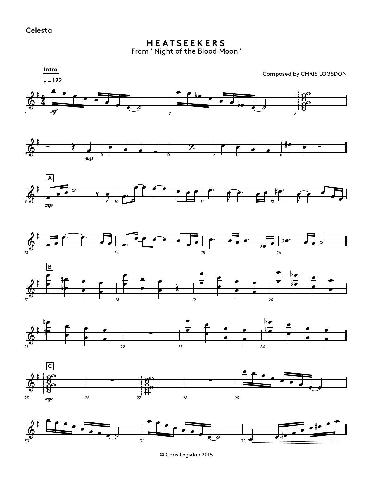 Download Chris Logsdon Heatseekers (from Night of the Blood Moon) - Celesta Sheet Music and learn how to play Performance Ensemble PDF digital score in minutes