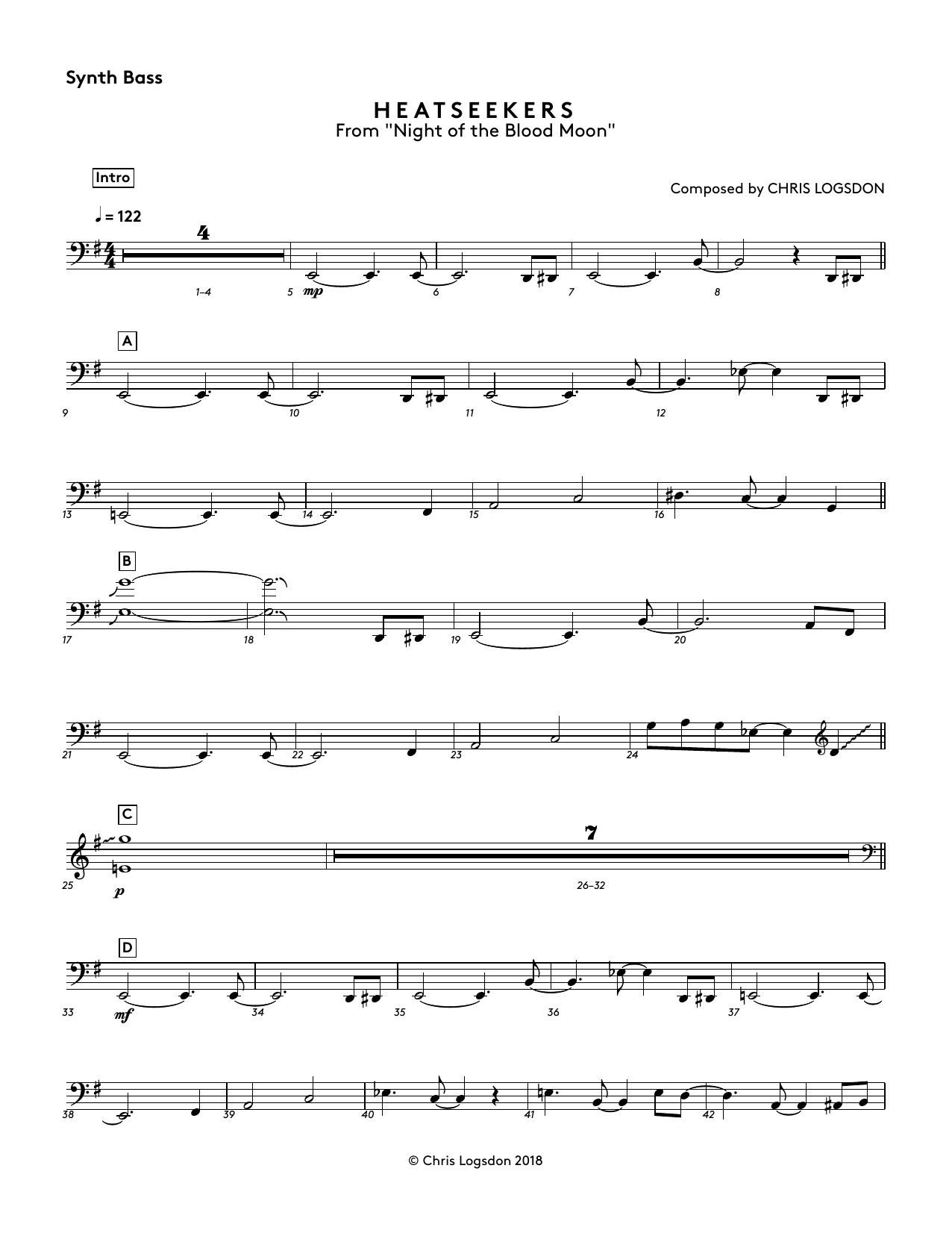 Download Chris Logsdon Heatseekers (from Night of the Blood Moon) - Synth. Bass Sheet Music and learn how to play Performance Ensemble PDF digital score in minutes