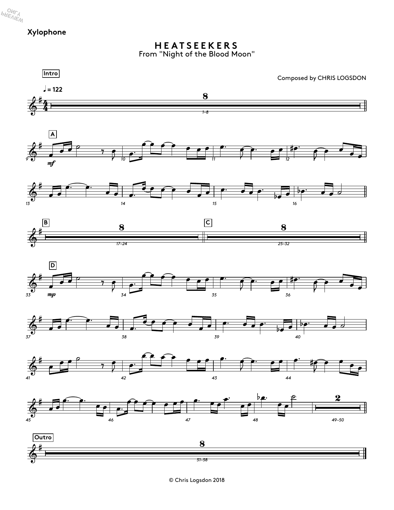 Download Chris Logsdon Heatseekers (from Night of the Blood Moon) - Xylophone Sheet Music and learn how to play Performance Ensemble PDF digital score in minutes