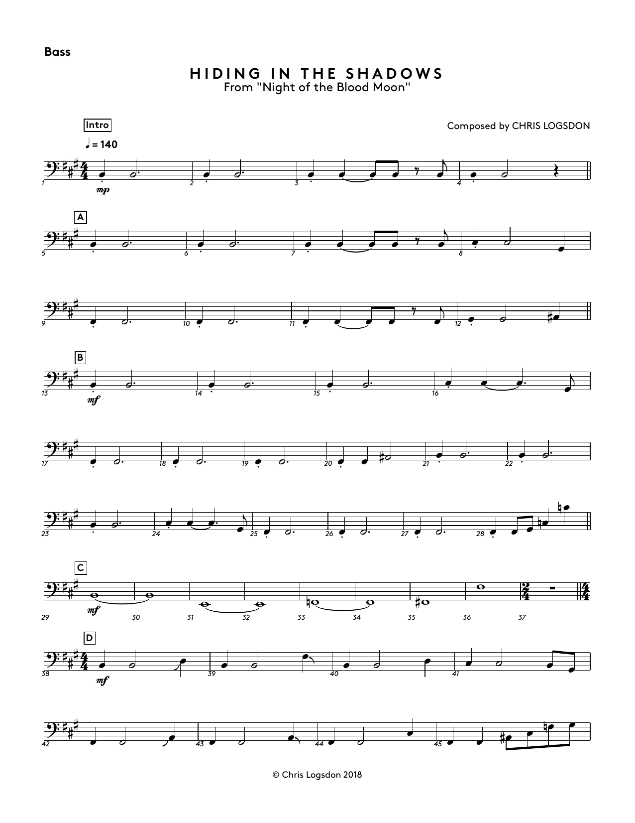 Download Chris Logsdon Hiding In The Shadows (from Night of the Blood Moon) - Bass Sheet Music and learn how to play Performance Ensemble PDF digital score in minutes