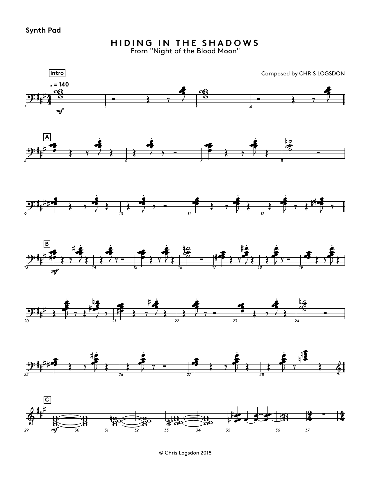 Download Chris Logsdon Hiding In The Shadows (from Night of the Blood Moon) - Synth Pad Sheet Music and learn how to play Performance Ensemble PDF digital score in minutes