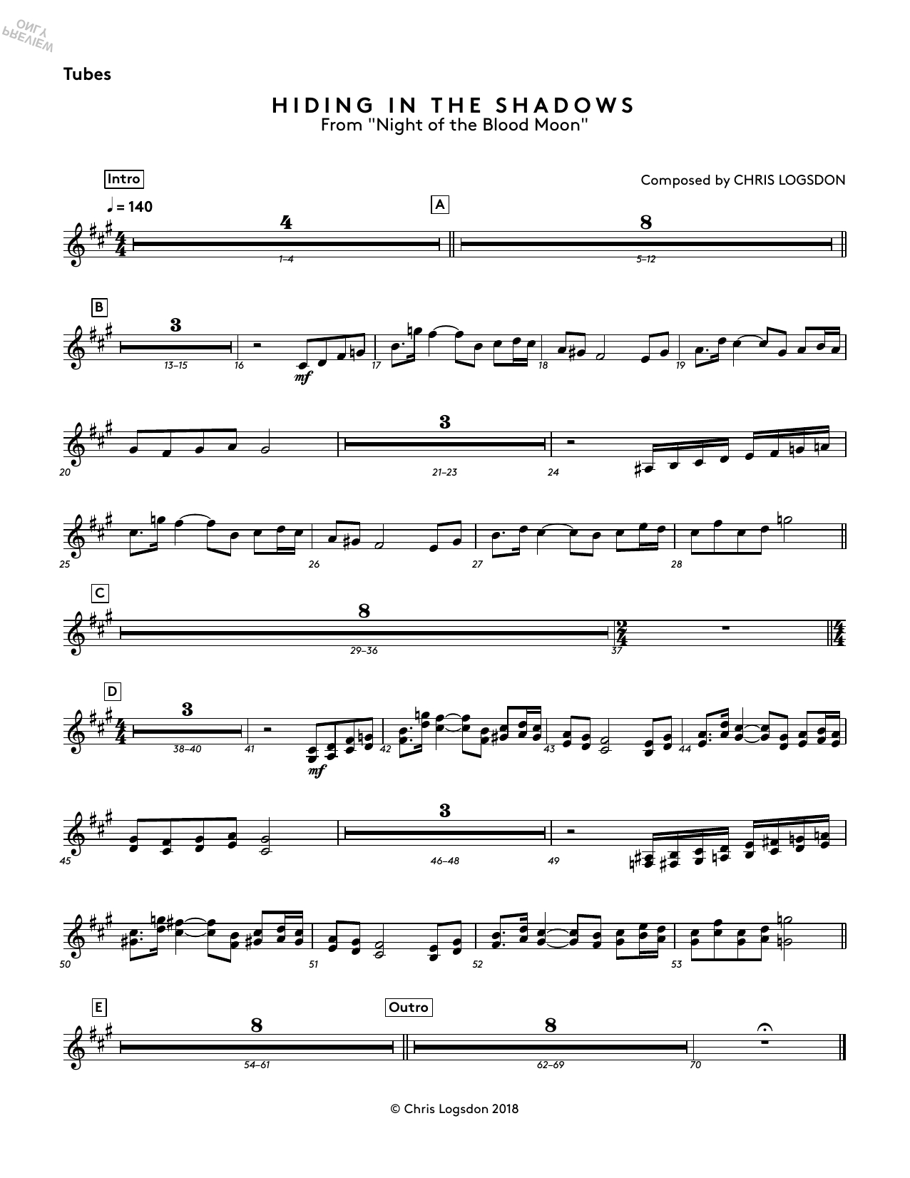 Download Chris Logsdon Hiding In The Shadows (from Night of the Blood Moon) - Tubes Sheet Music and learn how to play Performance Ensemble PDF digital score in minutes