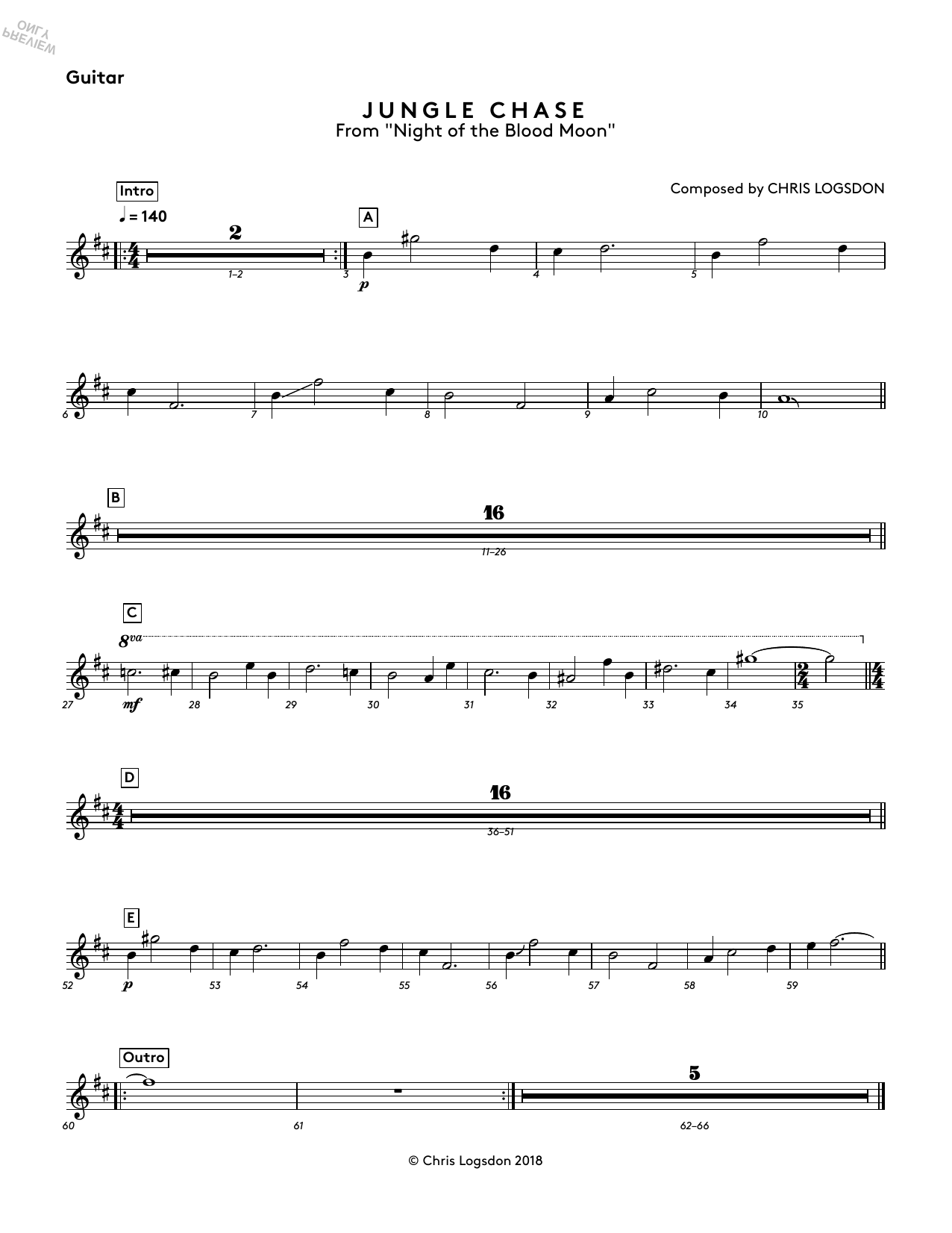 Download Chris Logsdon Jungle Chase (from Night of the Blood Moon) - Guitar Sheet Music and learn how to play Performance Ensemble PDF digital score in minutes