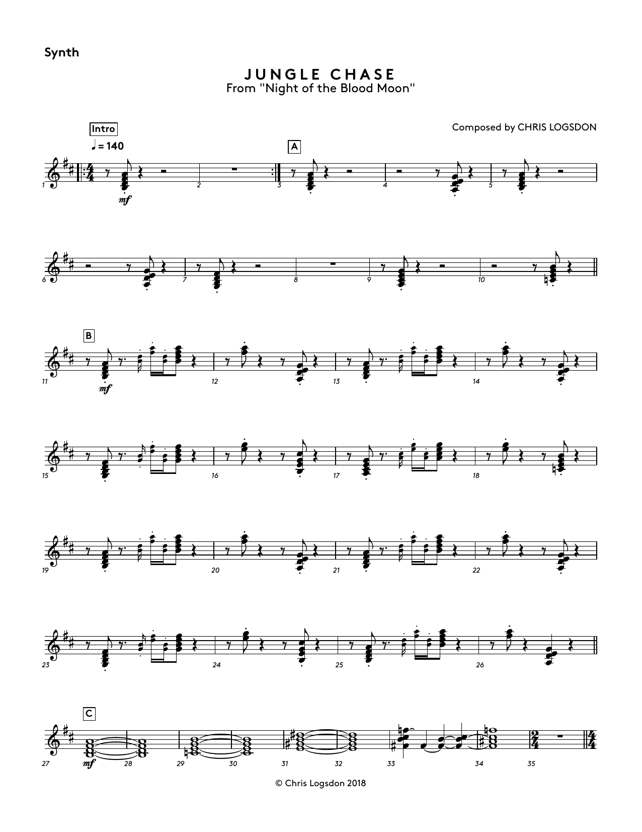 Download Chris Logsdon Jungle Chase (from Night of the Blood Moon) - Synthesizer Sheet Music and learn how to play Performance Ensemble PDF digital score in minutes