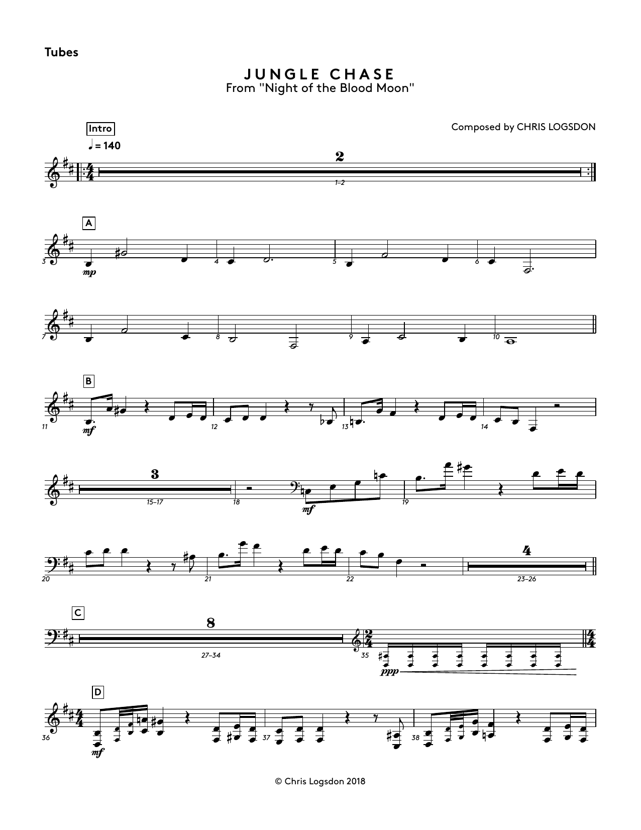 Download Chris Logsdon Jungle Chase (from Night of the Blood Moon) - Tubes Sheet Music and learn how to play Performance Ensemble PDF digital score in minutes