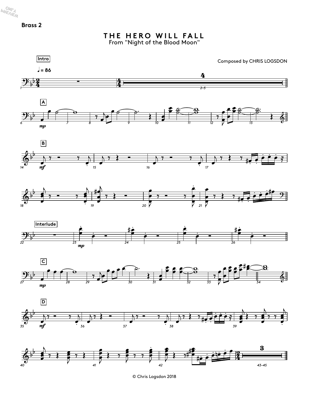 Download Chris Logsdon The Hero Will Fall (from Night of the Blood Moon) - Brass 2 Sheet Music and learn how to play Performance Ensemble PDF digital score in minutes