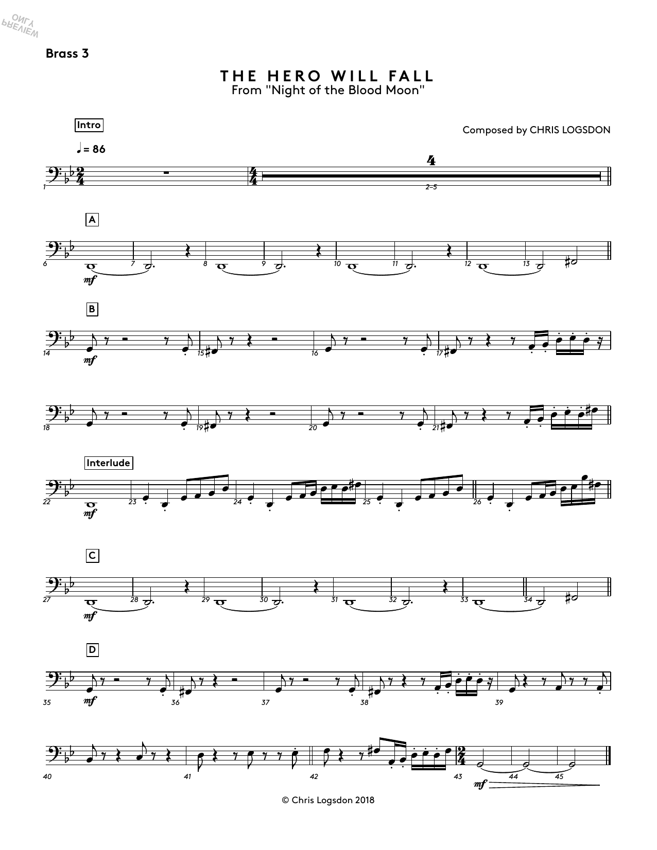 Download Chris Logsdon The Hero Will Fall (from Night of the Blood Moon) - Brass 3 Sheet Music and learn how to play Performance Ensemble PDF digital score in minutes