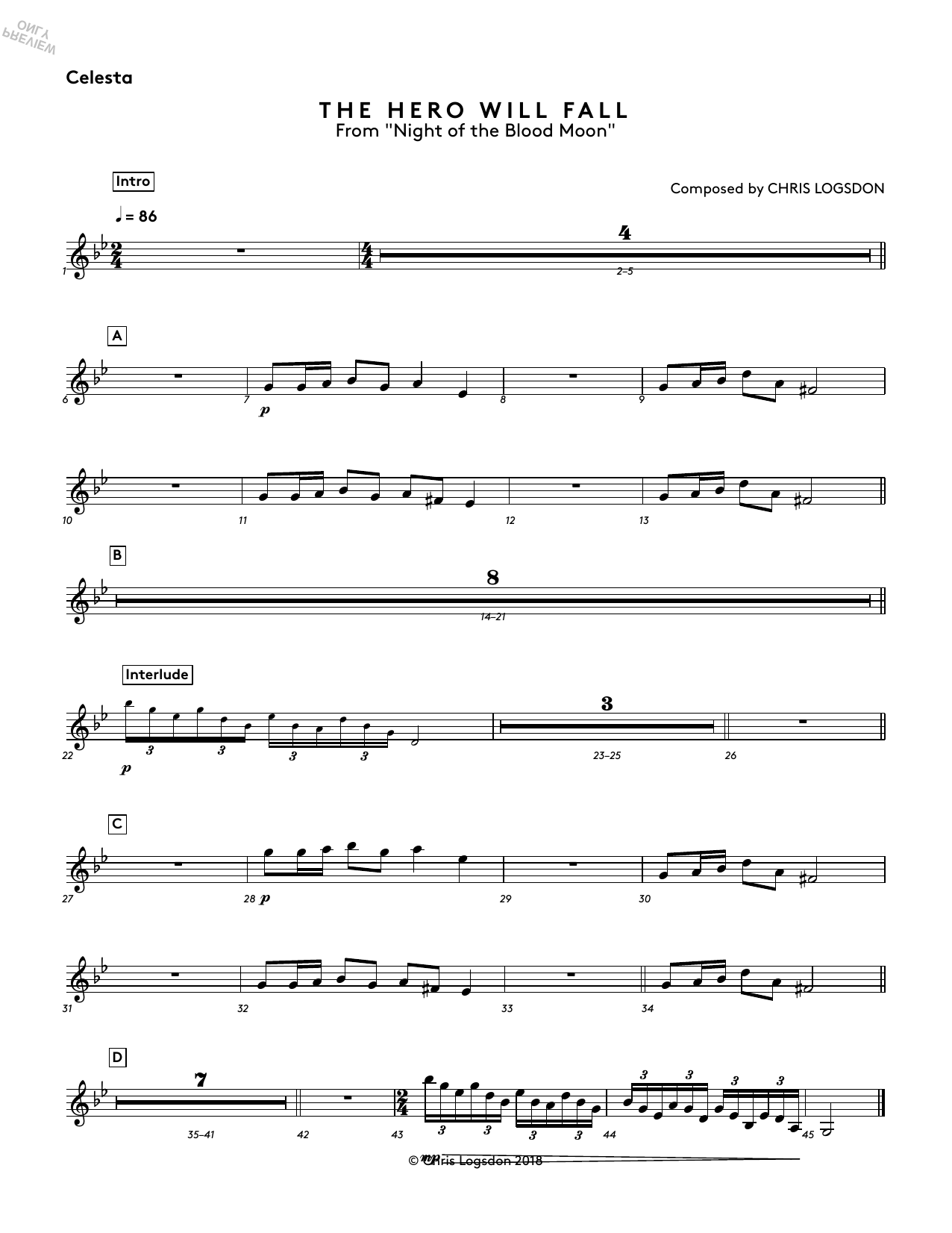 Download Chris Logsdon The Hero Will Fall (from Night of the Blood Moon) - Celesta Sheet Music and learn how to play Performance Ensemble PDF digital score in minutes