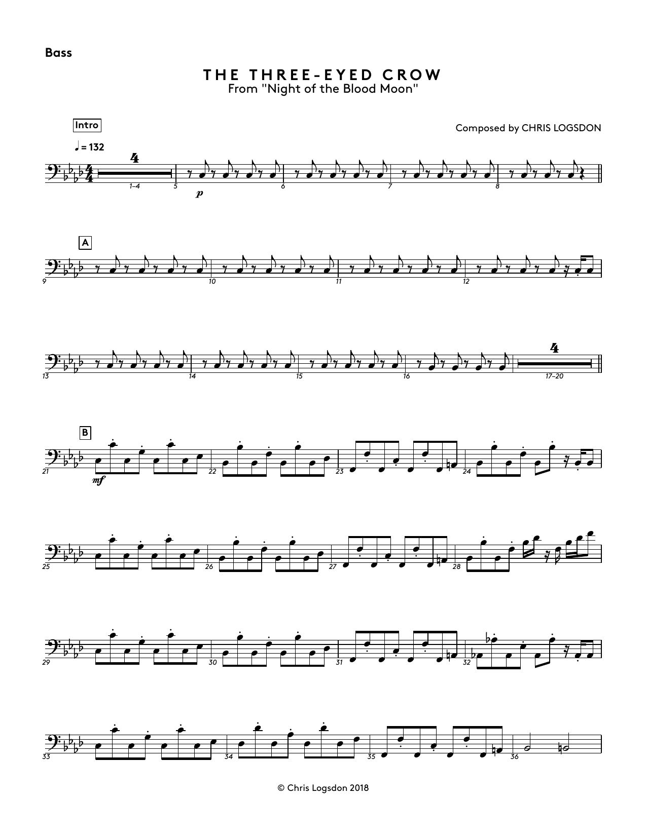 Download Chris Logsdon The Three-Eyed Crow (from Night of the Blood Moon) - Bass Sheet Music and learn how to play Performance Ensemble PDF digital score in minutes