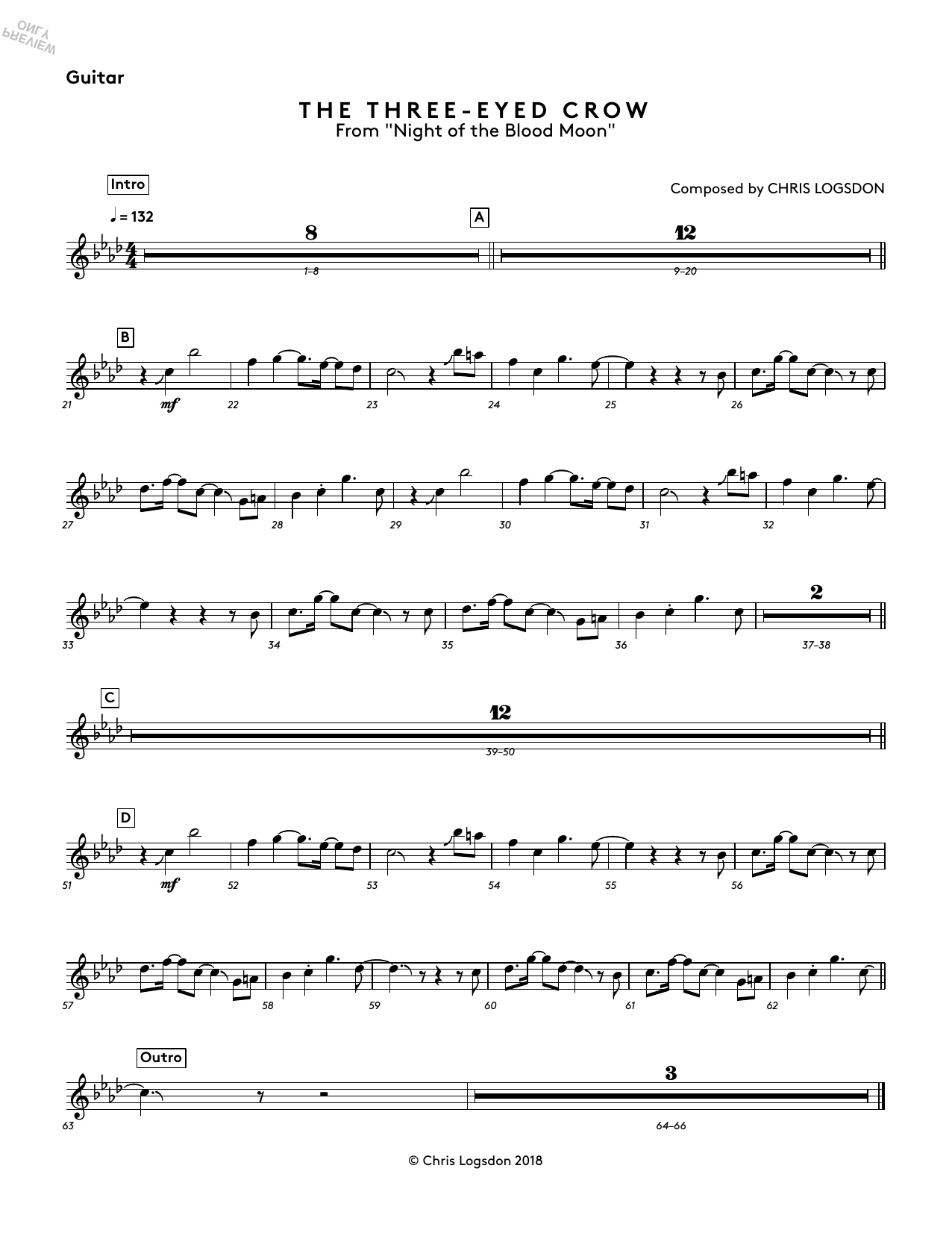 Download Chris Logsdon The Three-Eyed Crow (from Night of the Blood Moon) - Guitar Sheet Music and learn how to play Performance Ensemble PDF digital score in minutes