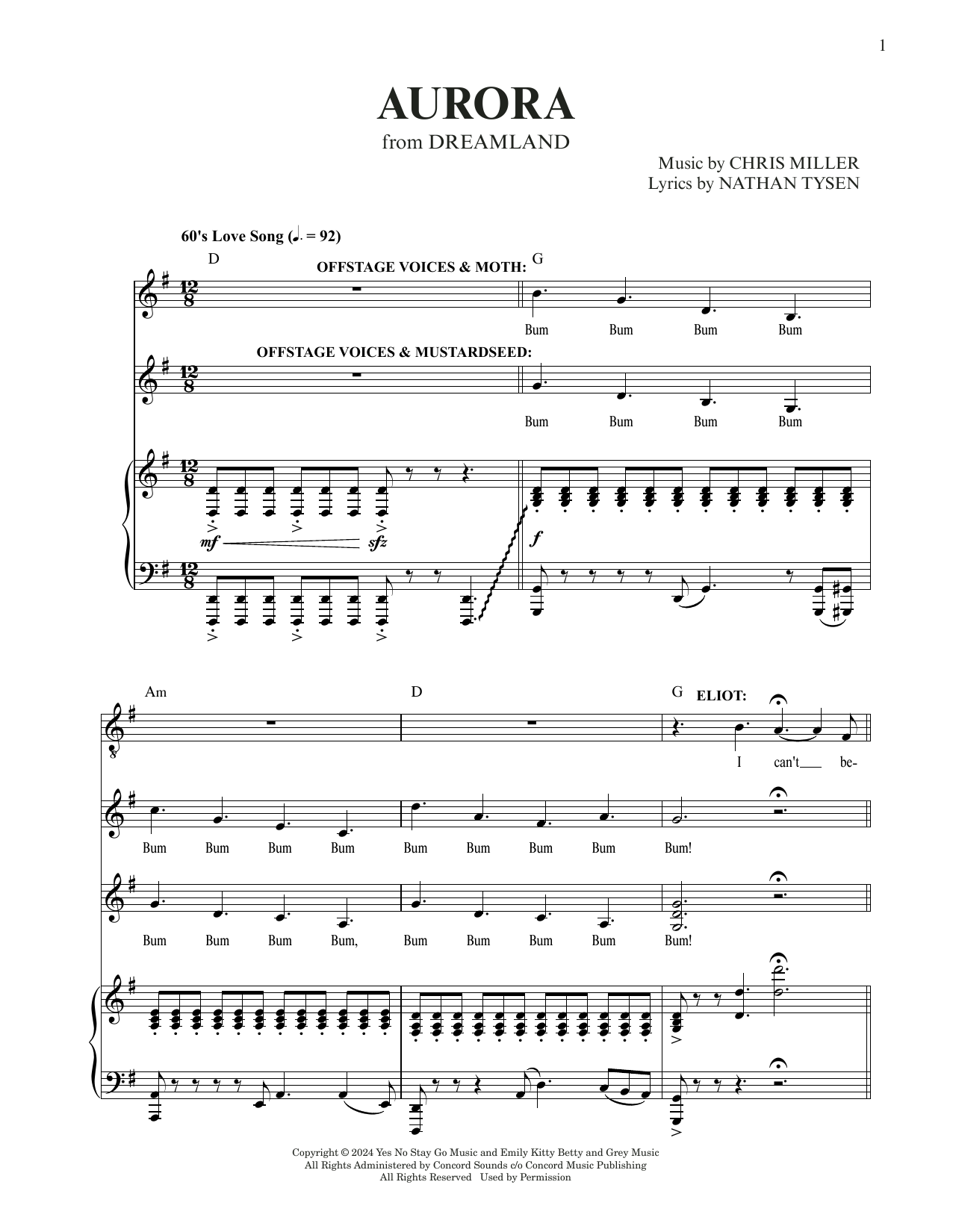 Download Chris Miller & Nathan Tysen Aurora (from Dreamland) Sheet Music and learn how to play Piano & Vocal PDF digital score in minutes