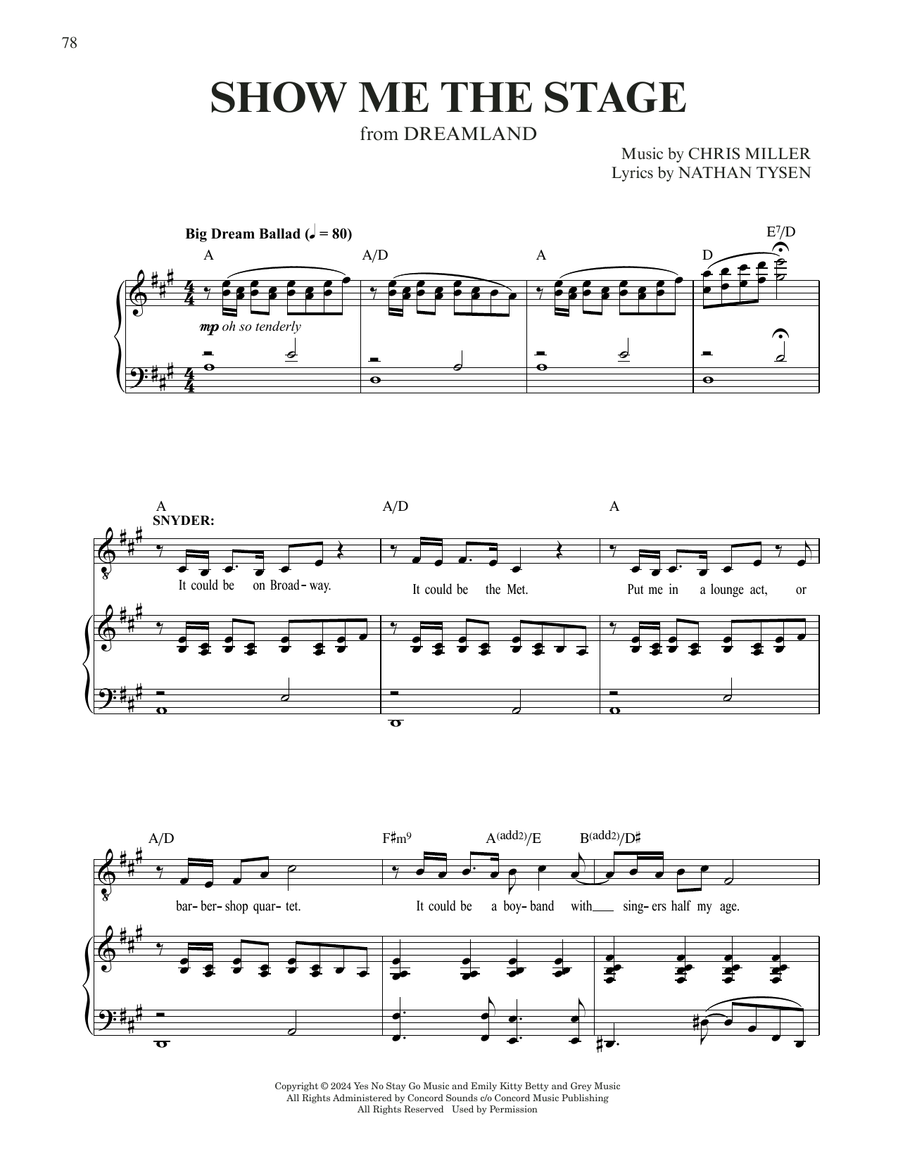 Download Chris Miller & Nathan Tysen Show Me The Stage (from Dreamland) Sheet Music and learn how to play Piano & Vocal PDF digital score in minutes