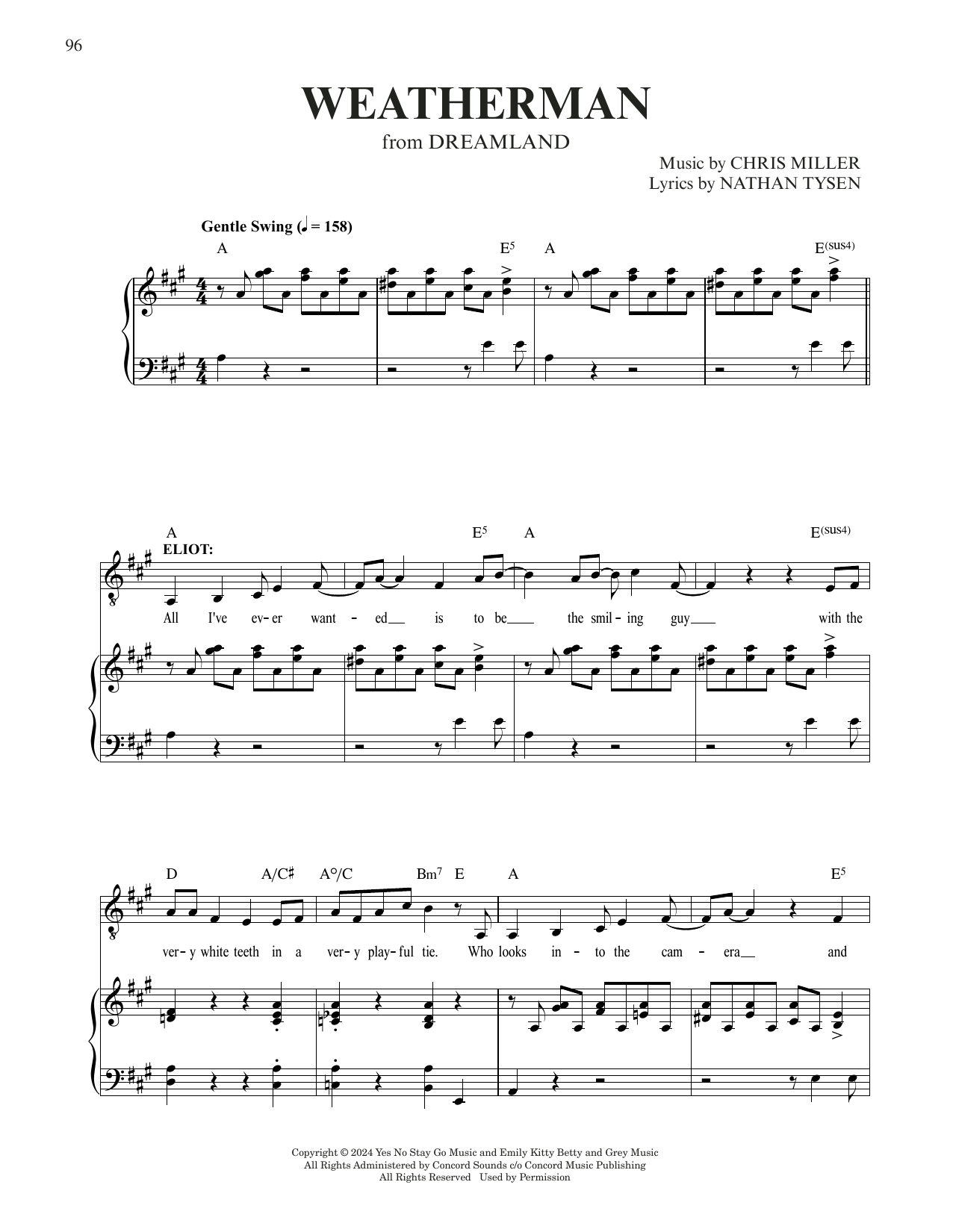 Download Chris Miller & Nathan Tysen Weatherman (from Dreamland) Sheet Music and learn how to play Piano & Vocal PDF digital score in minutes