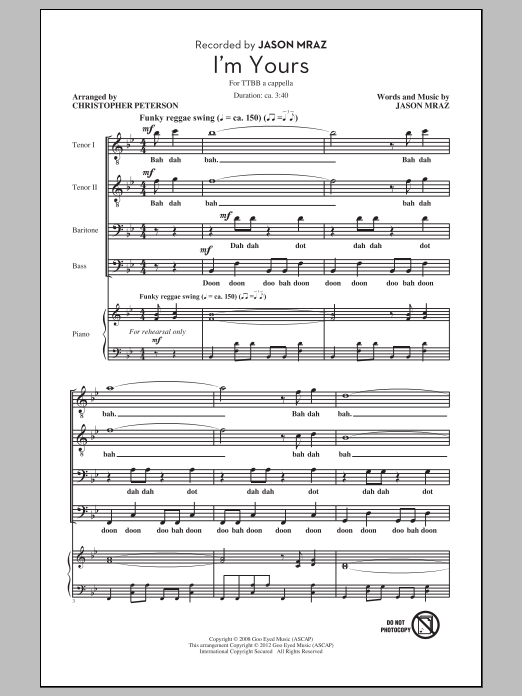 Download Jason Mraz I'm Yours (arr. Chris Peterson) Sheet Music and learn how to play TTBB PDF digital score in minutes