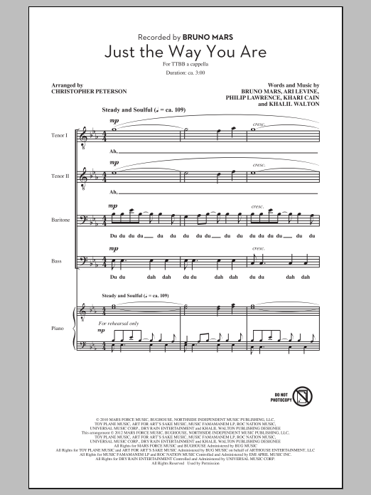Download Bruno Mars Just The Way You Are (arr. Chris Peterson) Sheet Music and learn how to play TTBB PDF digital score in minutes
