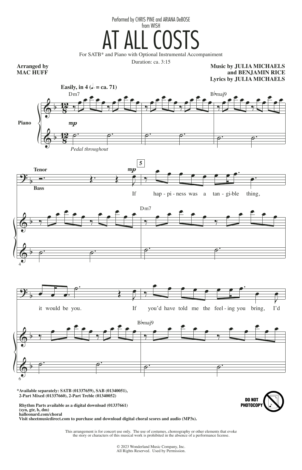 Download Chris Pine and Ariana DeBose At All Costs (from Wish) (arr. Mac Huff) Sheet Music and learn how to play SAB Choir PDF digital score in minutes