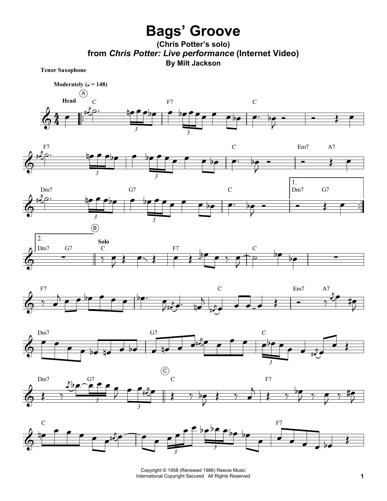 Download Chris Potter Bags' Groove Sheet Music and learn how to play Tenor Sax Transcription PDF digital score in minutes