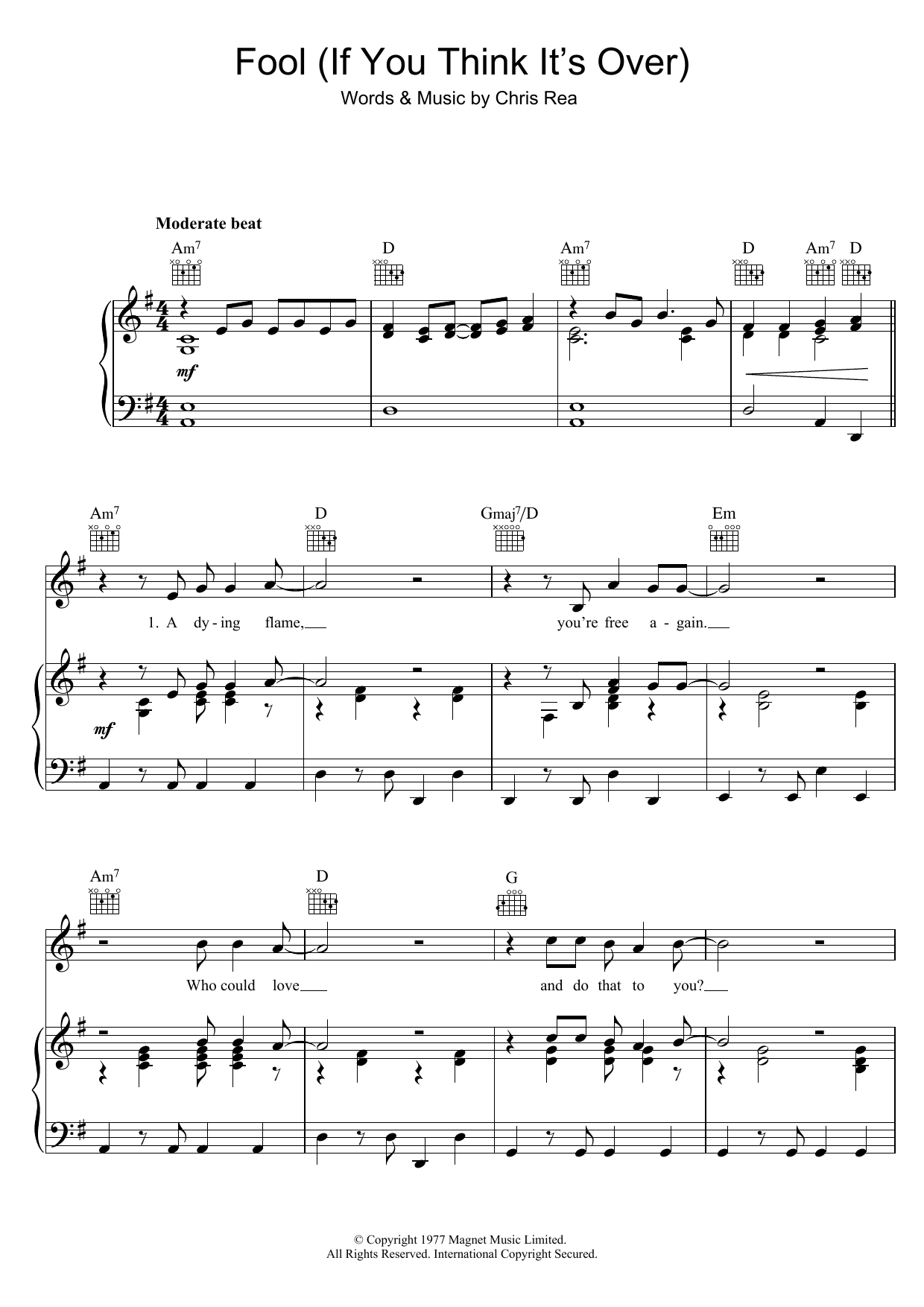 Download Chris Rea Fool (If You Think It's Over) Sheet Music and learn how to play Piano, Vocal & Guitar (Right-Hand Melody) PDF digital score in minutes