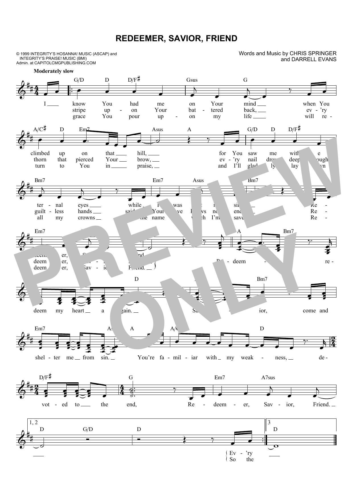 Download Chris Springer Redeemer, Savior, Friend Sheet Music and learn how to play Melody Line, Lyrics & Chords PDF digital score in minutes