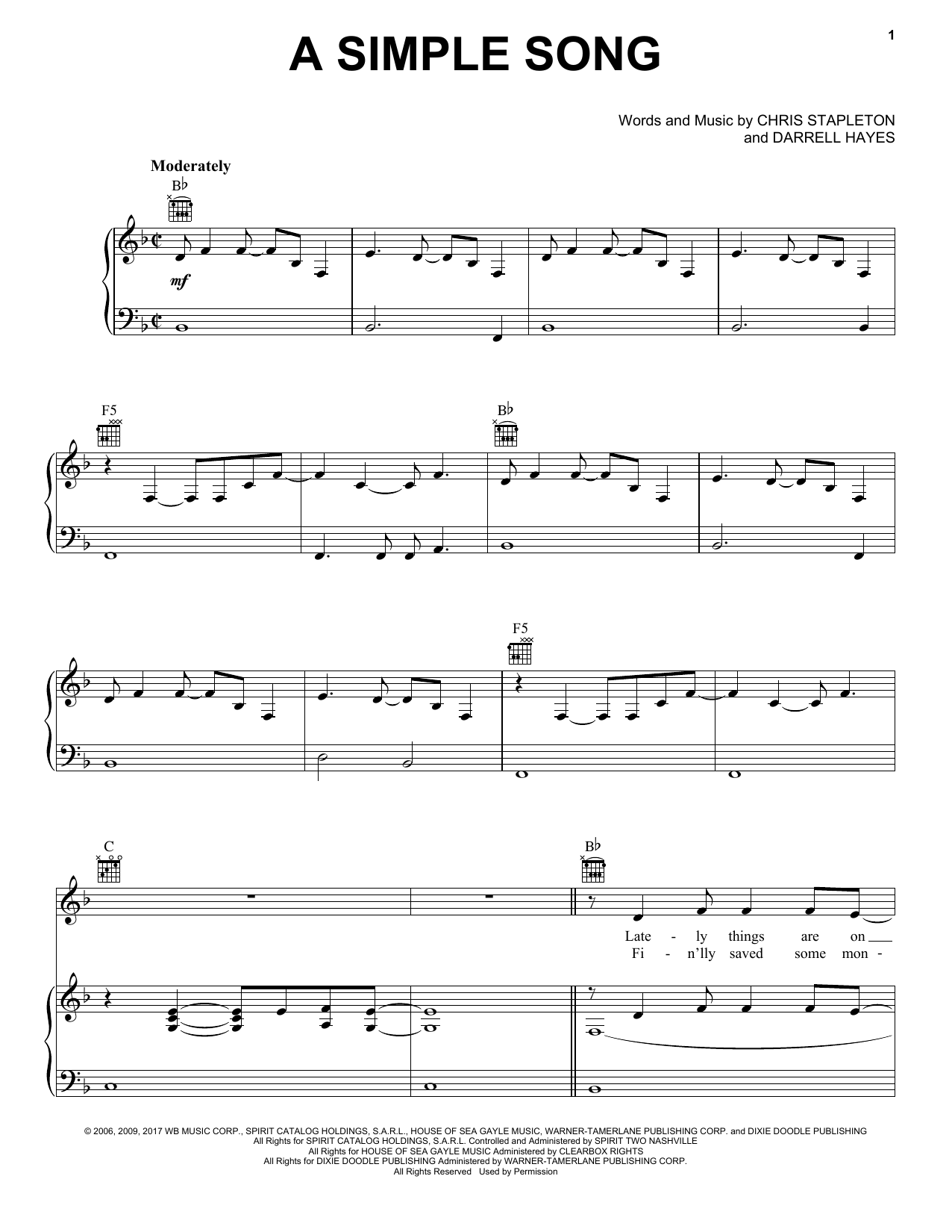 Download Chris Stapleton A Simple Song Sheet Music and learn how to play Piano, Vocal & Guitar (Right-Hand Melody) PDF digital score in minutes