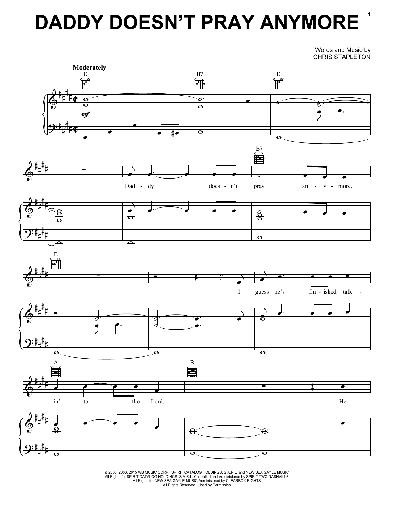 Download Chris Stapleton Daddy Doesn't Pray Anymore Sheet Music and learn how to play Piano, Vocal & Guitar Chords (Right-Hand Melody) PDF digital score in minutes