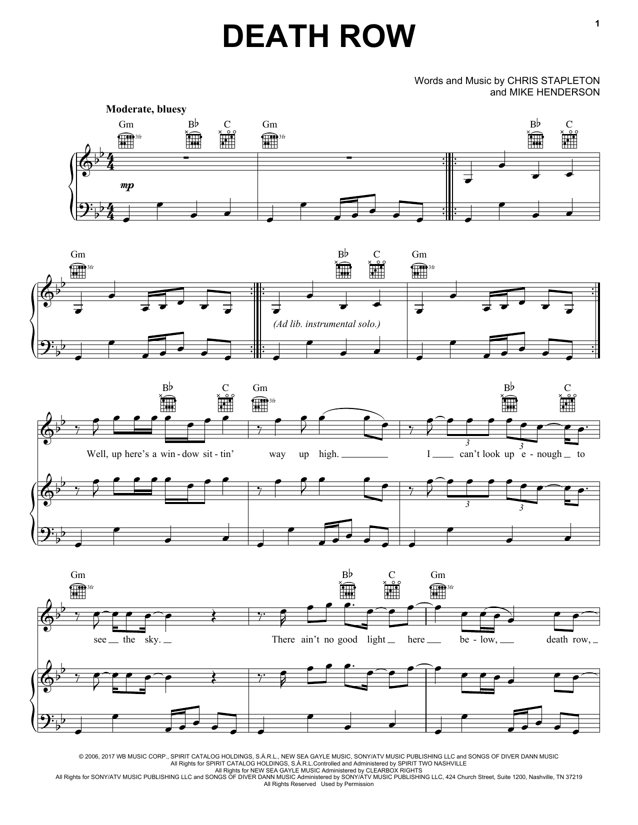 Download Chris Stapleton Death Row Sheet Music and learn how to play Piano, Vocal & Guitar (Right-Hand Melody) PDF digital score in minutes