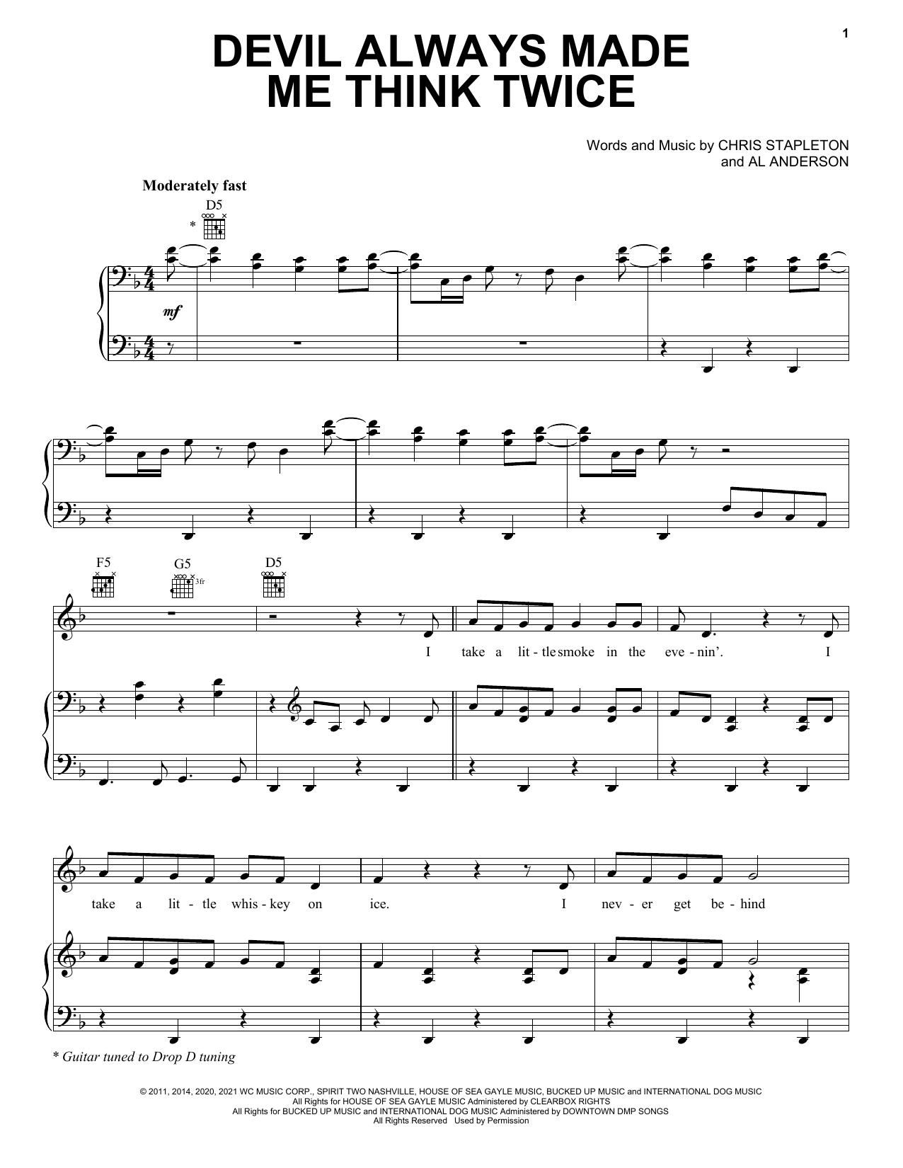 Download Chris Stapleton Devil Always Made Me Think Twice Sheet Music and learn how to play Piano, Vocal & Guitar Chords (Right-Hand Melody) PDF digital score in minutes