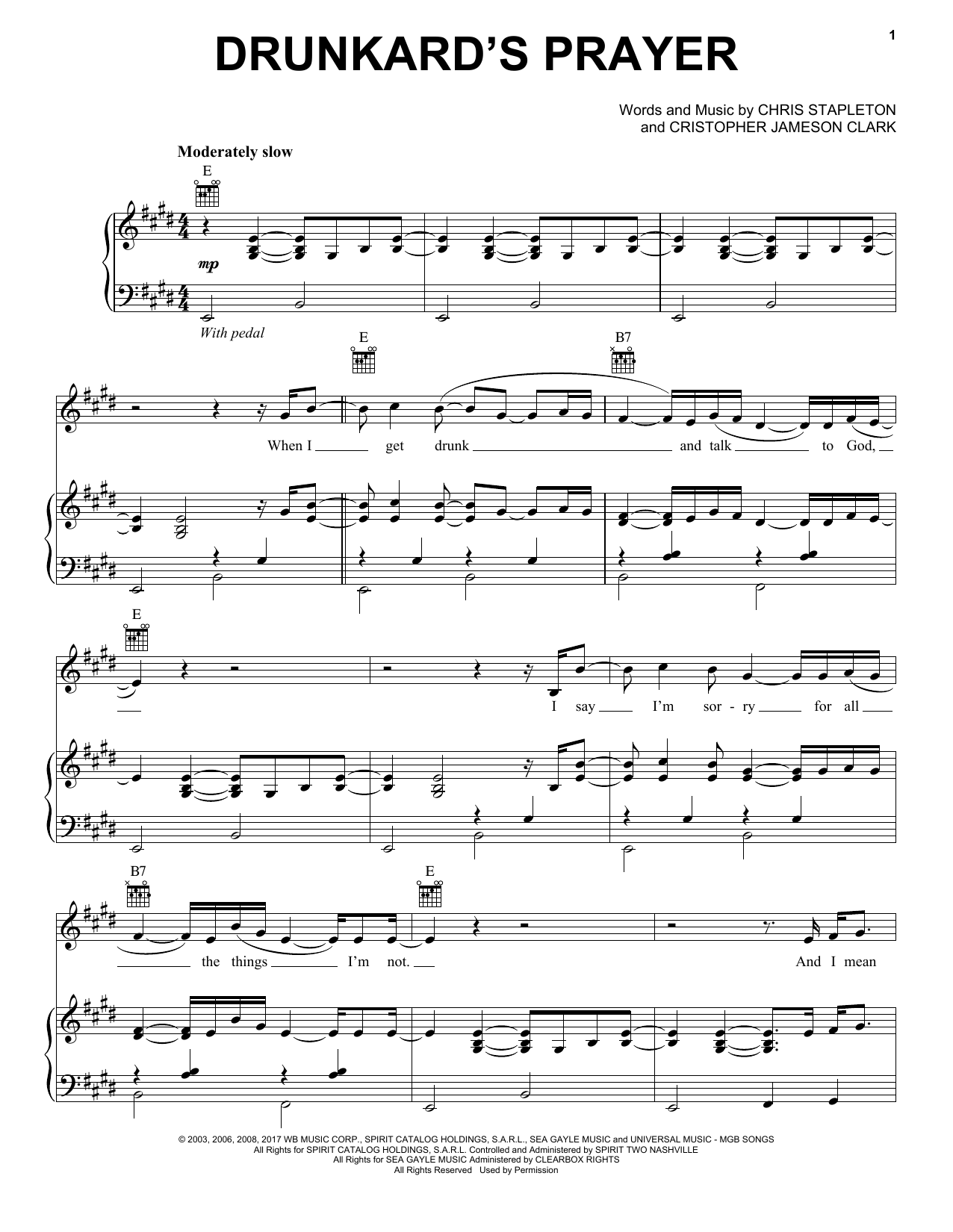 Download Chris Stapleton Drunkard's Prayer Sheet Music and learn how to play Piano, Vocal & Guitar (Right-Hand Melody) PDF digital score in minutes