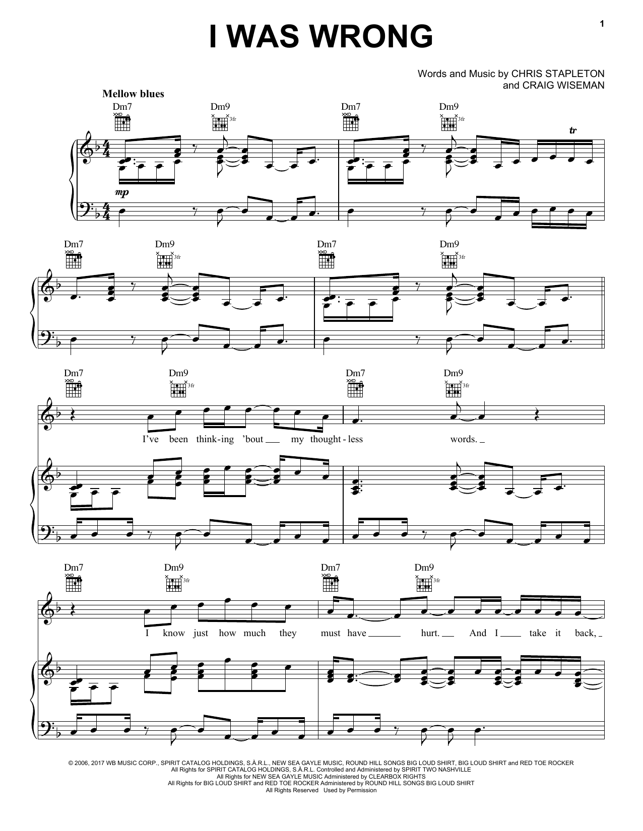 Download Chris Stapleton I Was Wrong Sheet Music and learn how to play Piano, Vocal & Guitar (Right-Hand Melody) PDF digital score in minutes