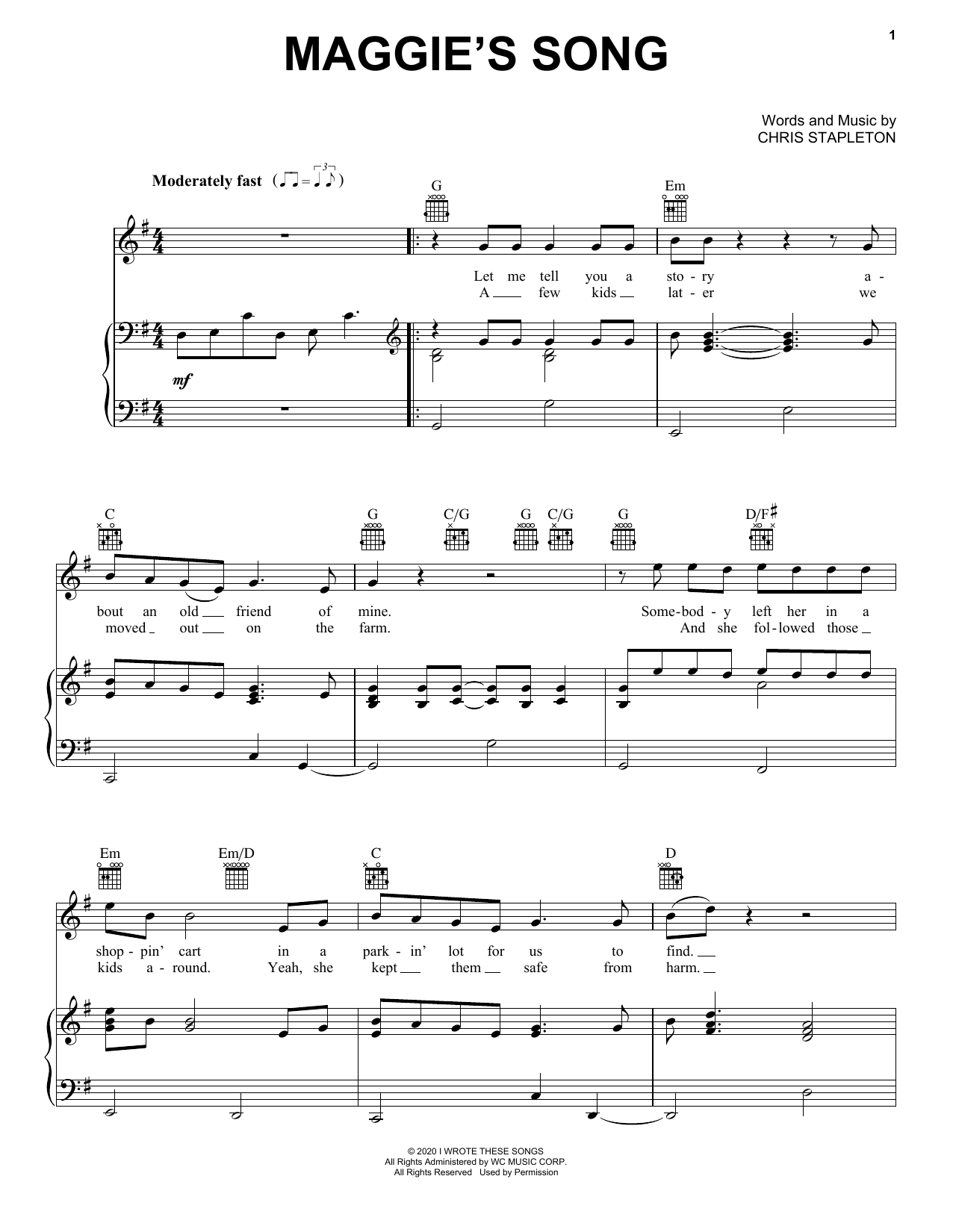 Download Chris Stapleton Maggie's Song Sheet Music and learn how to play Piano, Vocal & Guitar Chords (Right-Hand Melody) PDF digital score in minutes