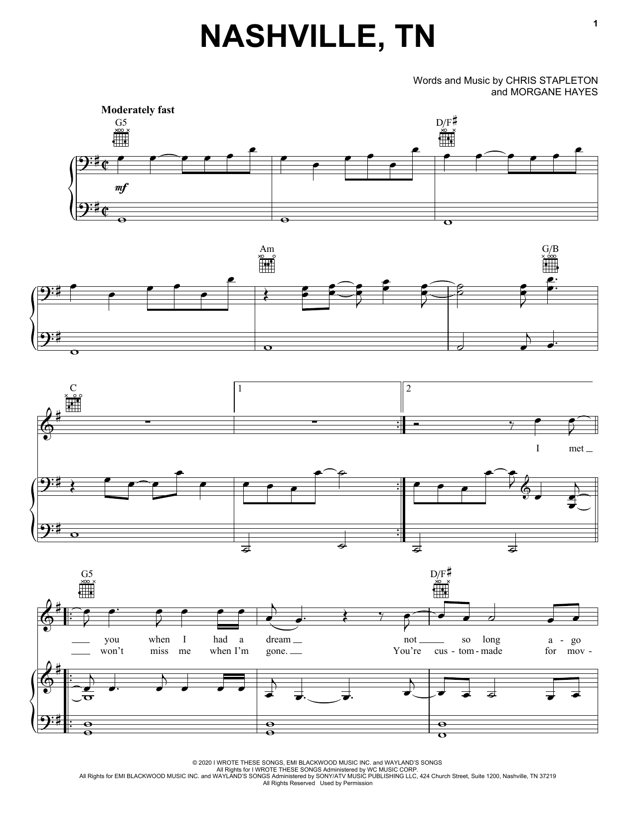 Download Chris Stapleton Nashville, TN Sheet Music and learn how to play Piano, Vocal & Guitar Chords (Right-Hand Melody) PDF digital score in minutes