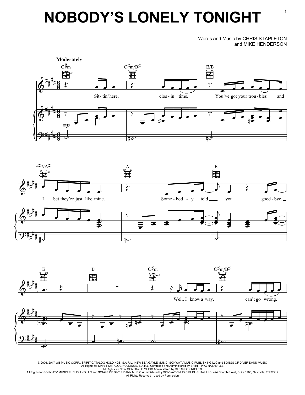 Download Chris Stapleton Nobody's Lonely Tonight Sheet Music and learn how to play Piano, Vocal & Guitar (Right-Hand Melody) PDF digital score in minutes