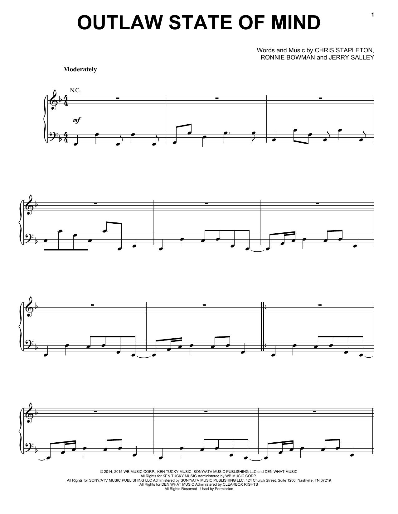 Download Chris Stapleton Outlaw State Of Mind Sheet Music and learn how to play Piano, Vocal & Guitar Chords (Right-Hand Melody) PDF digital score in minutes