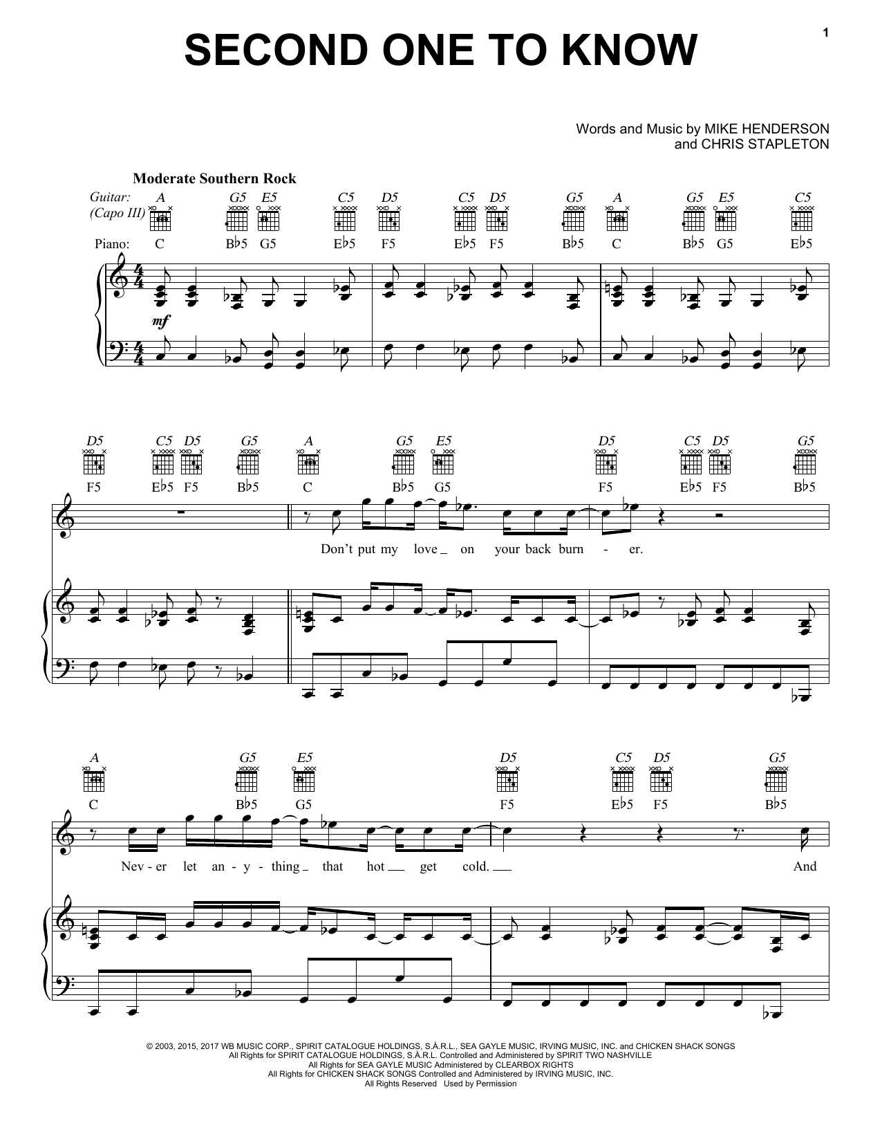 Download Chris Stapleton Second One To Know Sheet Music and learn how to play Easy Guitar Tab PDF digital score in minutes
