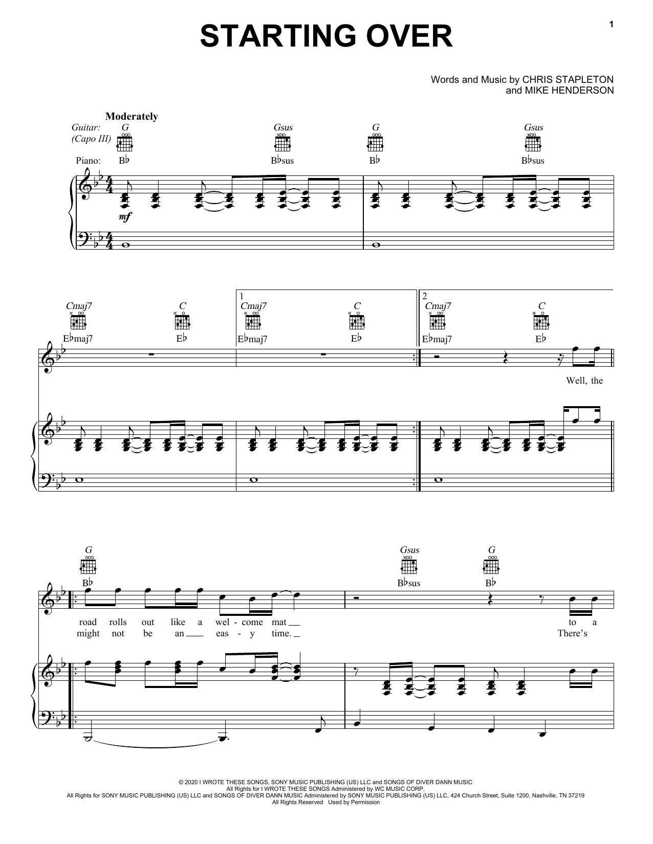 Download Chris Stapleton Starting Over Sheet Music and learn how to play Piano, Vocal & Guitar Chords (Right-Hand Melody) PDF digital score in minutes