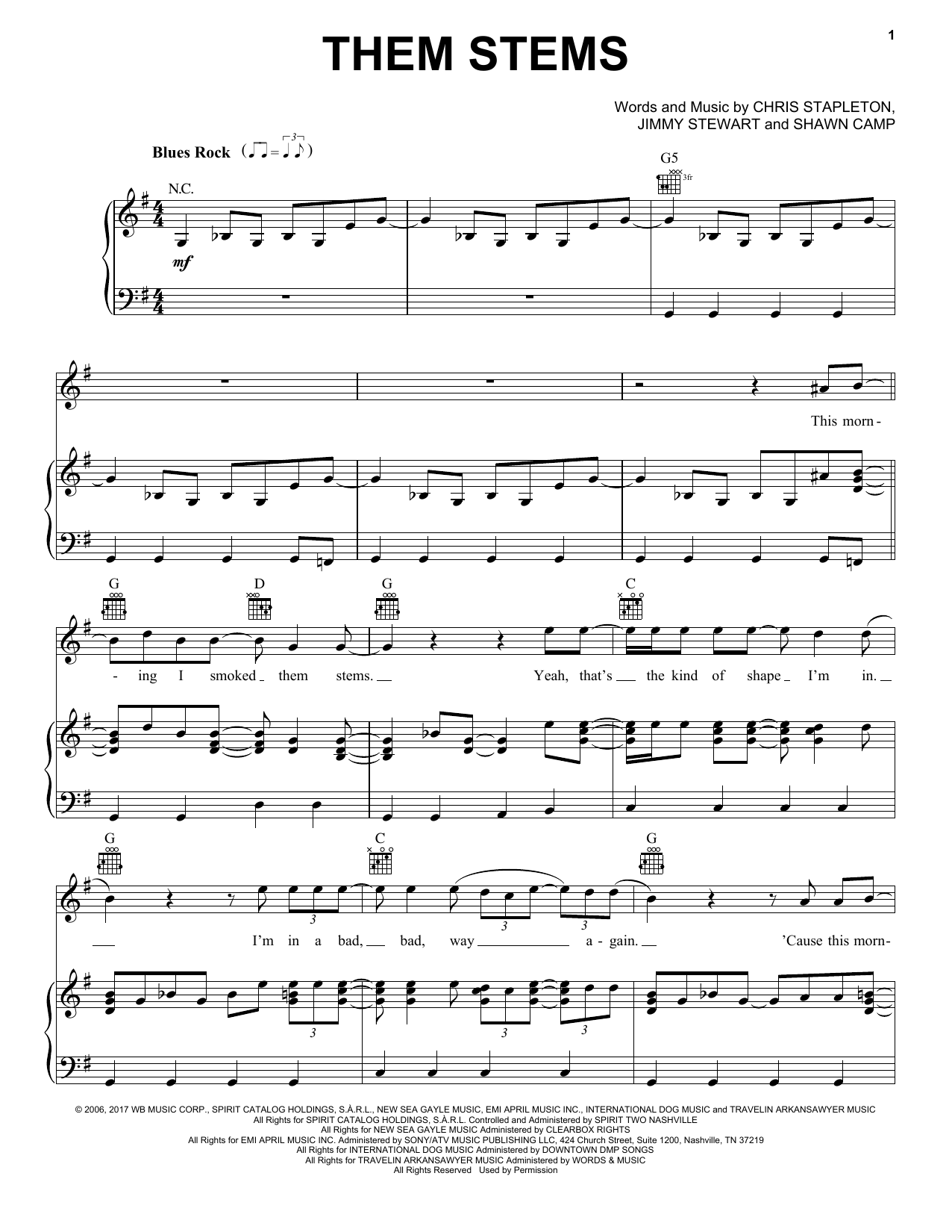 Download Chris Stapleton Them Stems Sheet Music and learn how to play Piano, Vocal & Guitar (Right-Hand Melody) PDF digital score in minutes