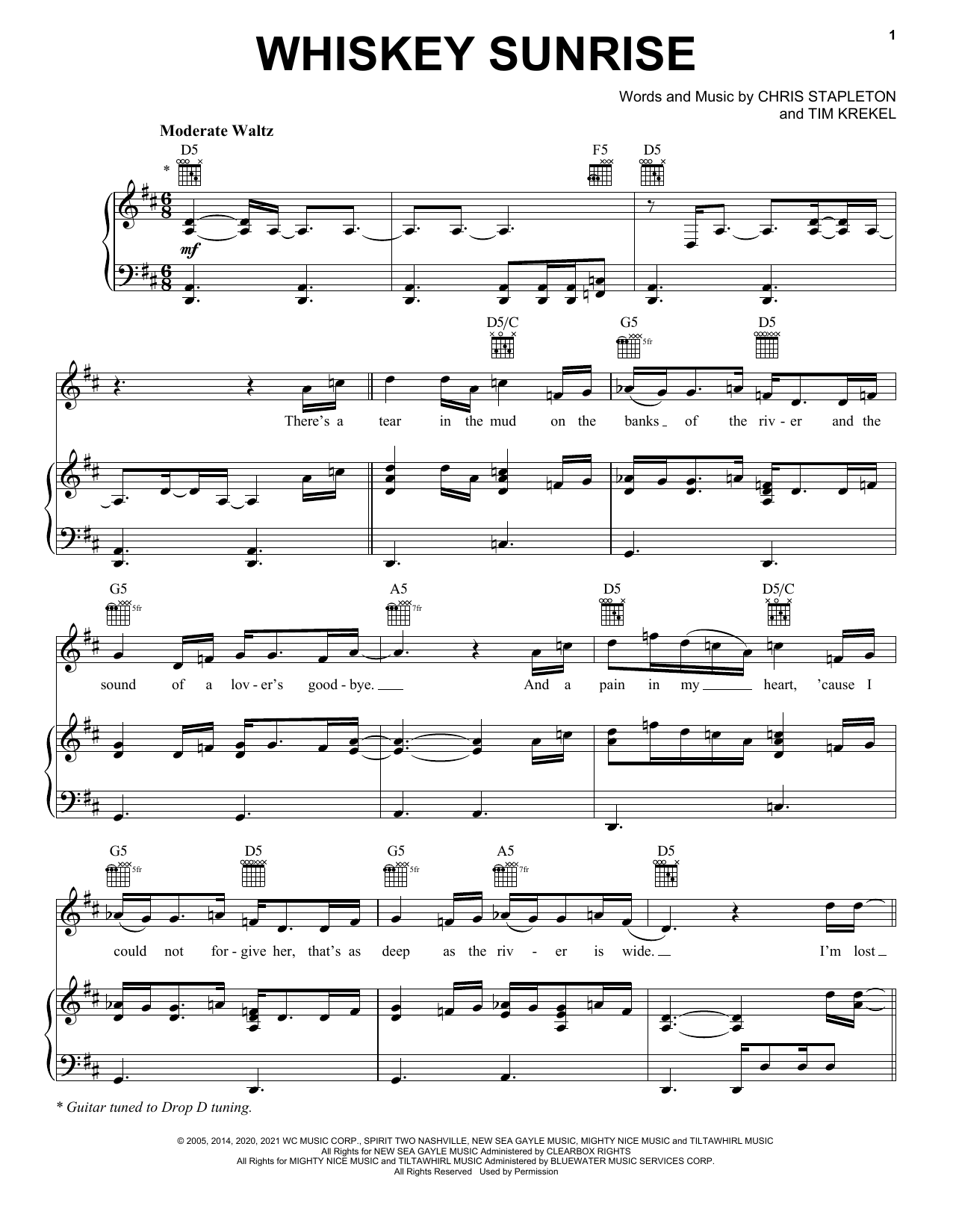 Download Chris Stapleton Whiskey Sunrise Sheet Music and learn how to play Piano, Vocal & Guitar Chords (Right-Hand Melody) PDF digital score in minutes