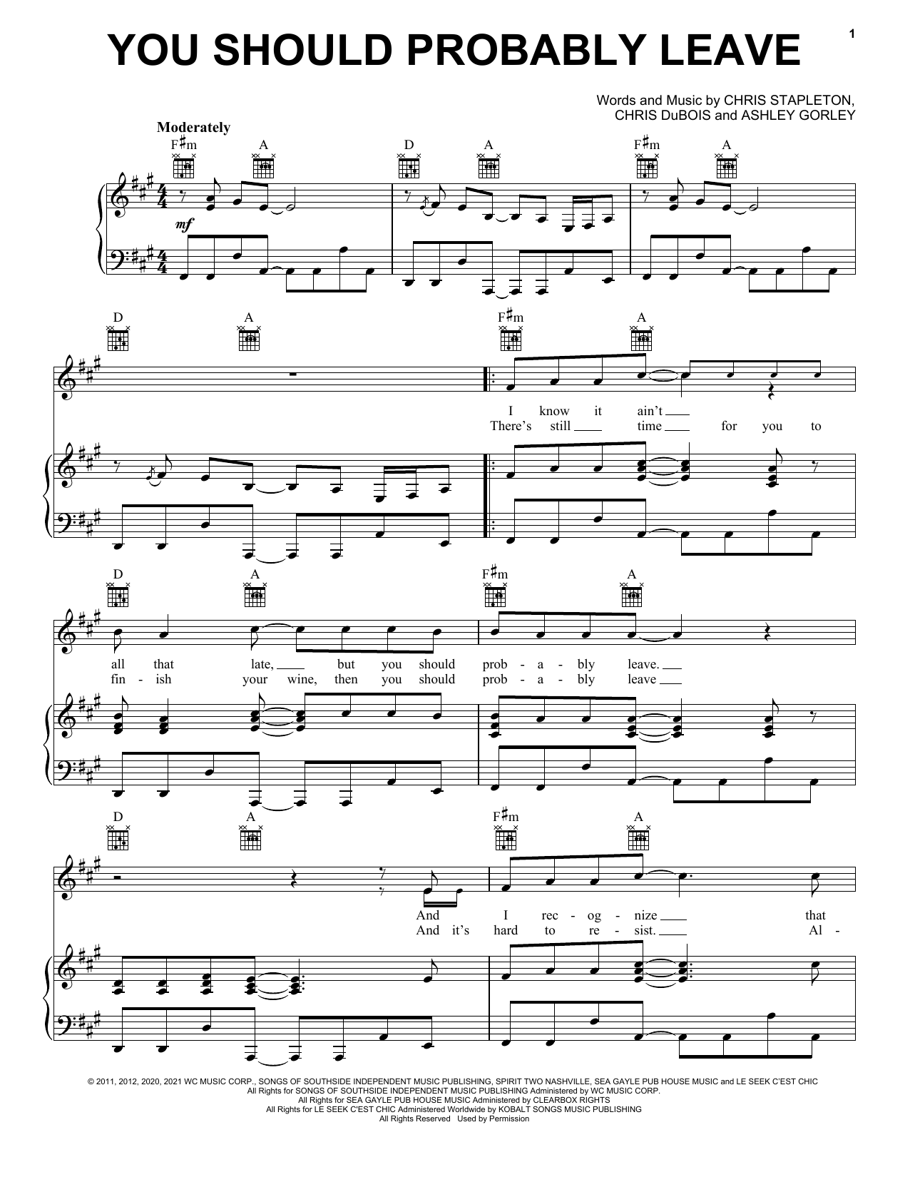 Download Chris Stapleton You Should Probably Leave Sheet Music and learn how to play Piano, Vocal & Guitar Chords (Right-Hand Melody) PDF digital score in minutes