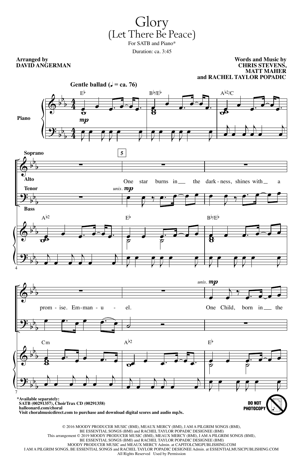 Download Chris Stevens, Matt Maher & Rachel Popadic Glory (Let There Be Peace) (arr. David Angerman) Sheet Music and learn how to play SATB Choir PDF digital score in minutes